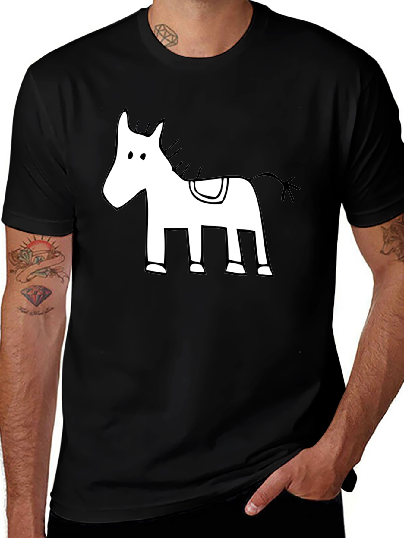 Variant 8 of Cartoon Horse Graphic Tee - Men's Black T-Shirt
