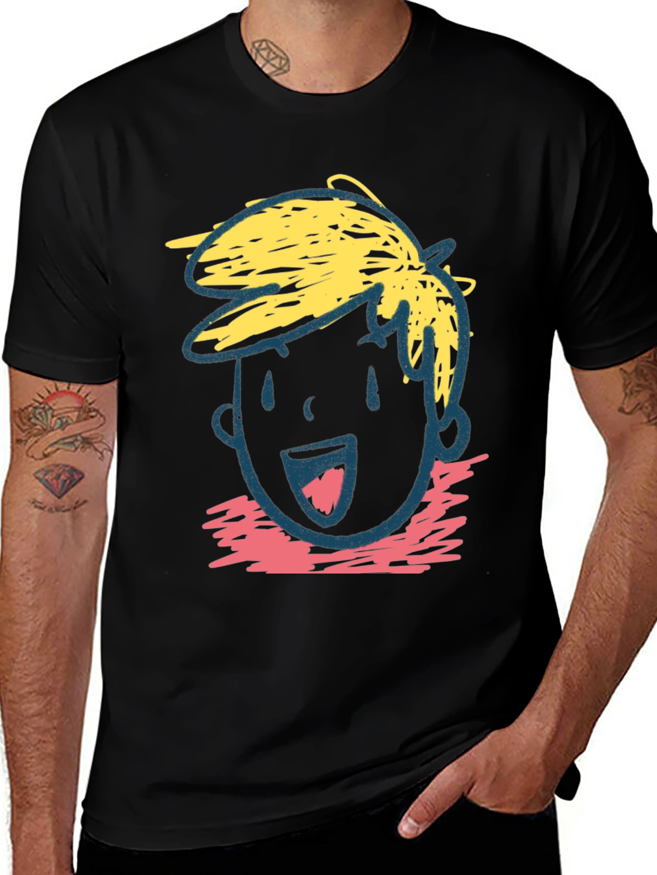 Variant 27 of Cartoon Face Graphic Tee - Black Cotton Casual T-Shirt