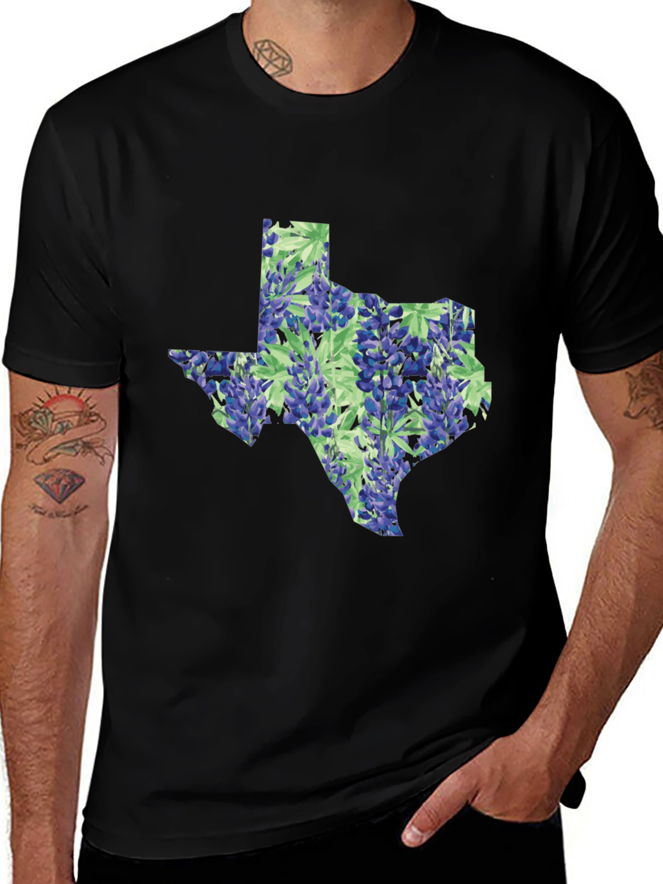 Texas Bluebonnet State Map Black T-Shirt