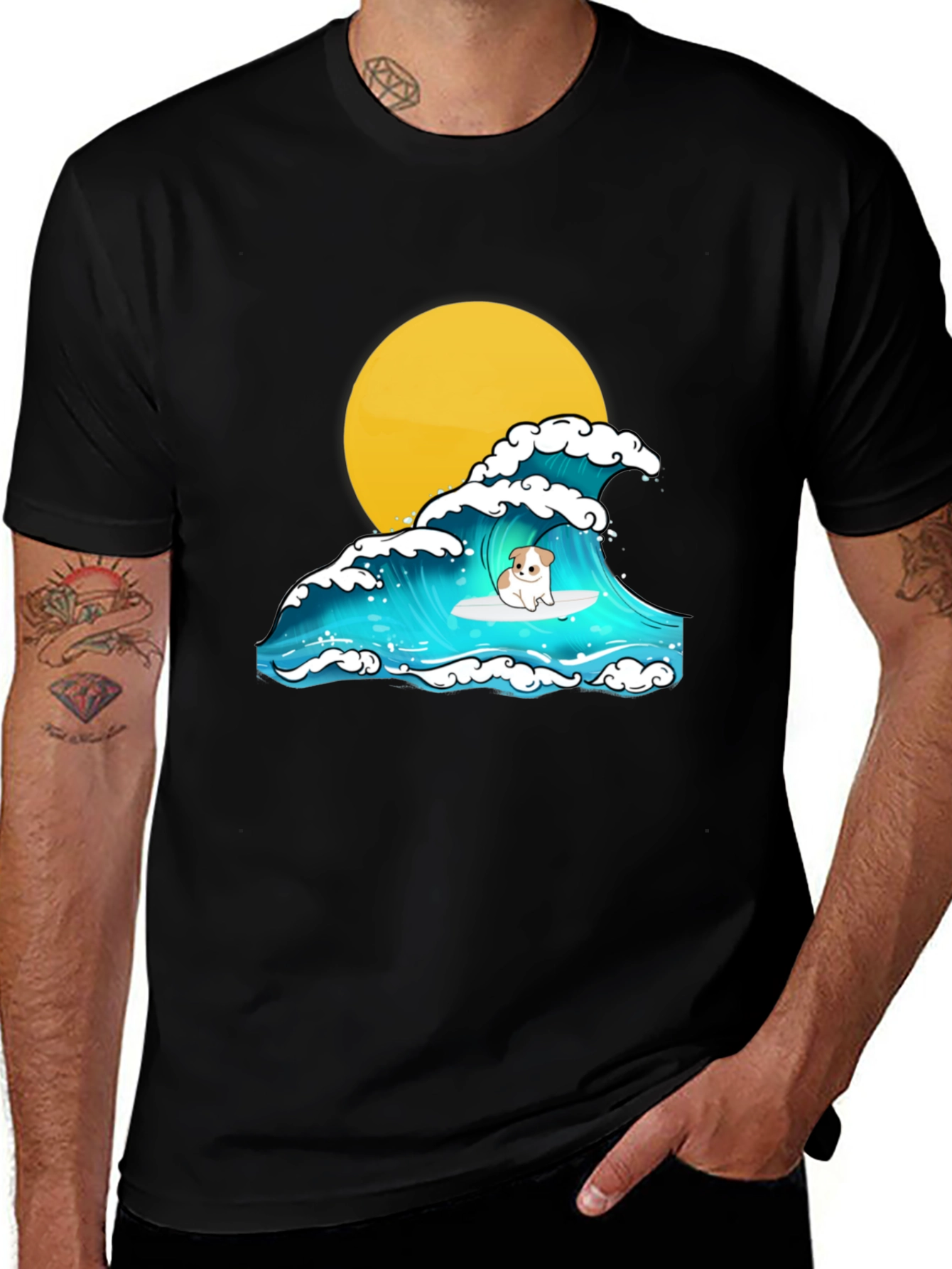 Variant 18 of Surfing Dog Graphic Tee - Black Cotton T-Shirt