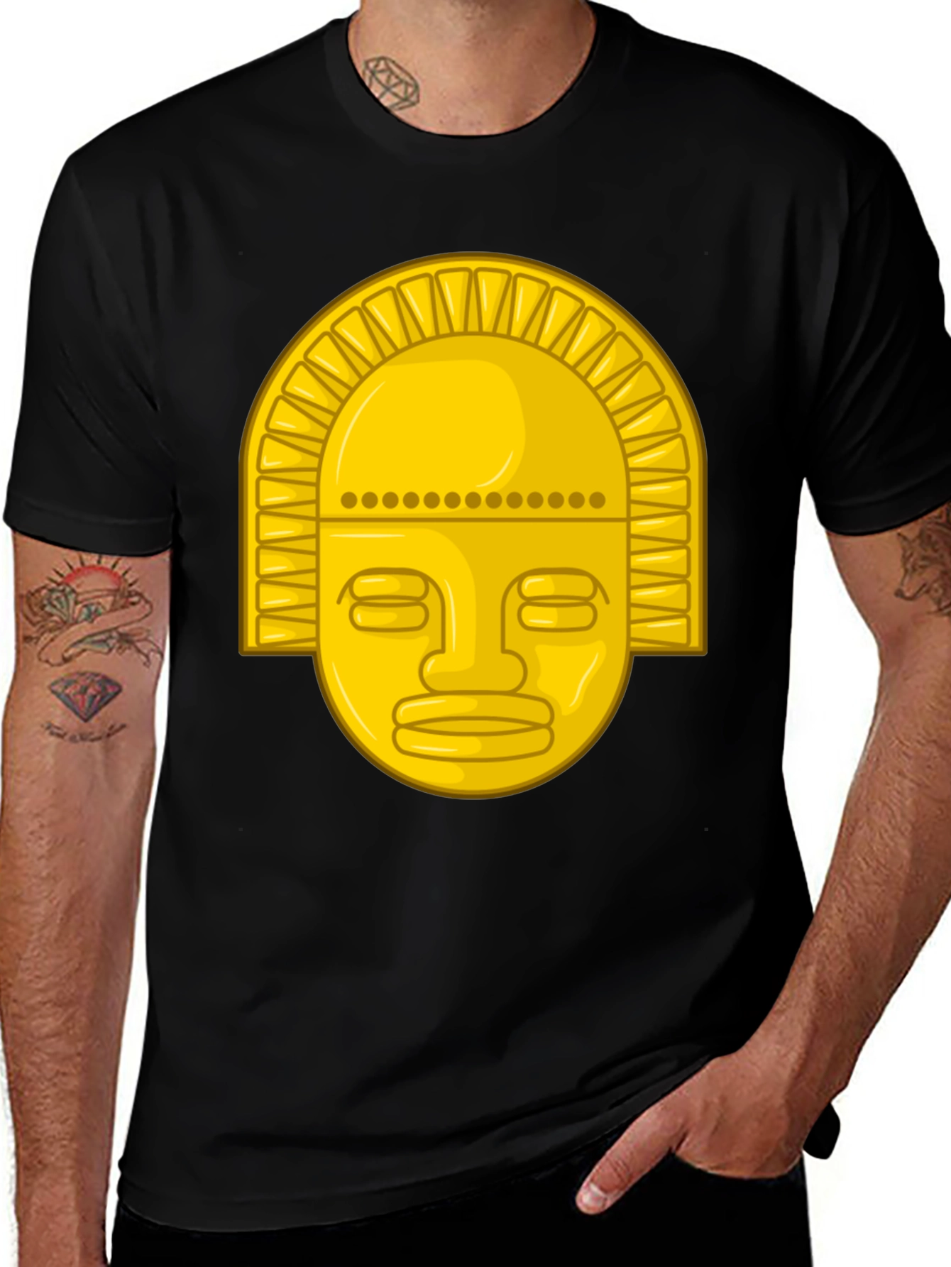 Golden Inca Mask Graphic Tee - Black Cotton T-Shirt