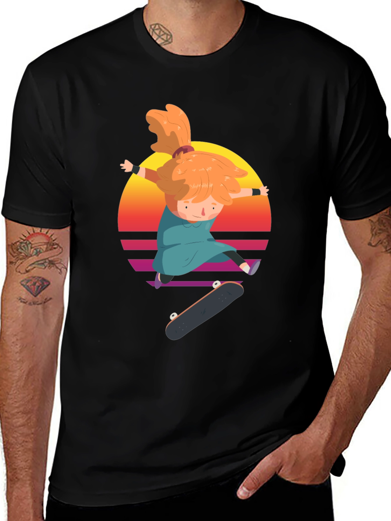 Variant 6 of Skateboarding Girl T-Shirt - Retro Sunset Design