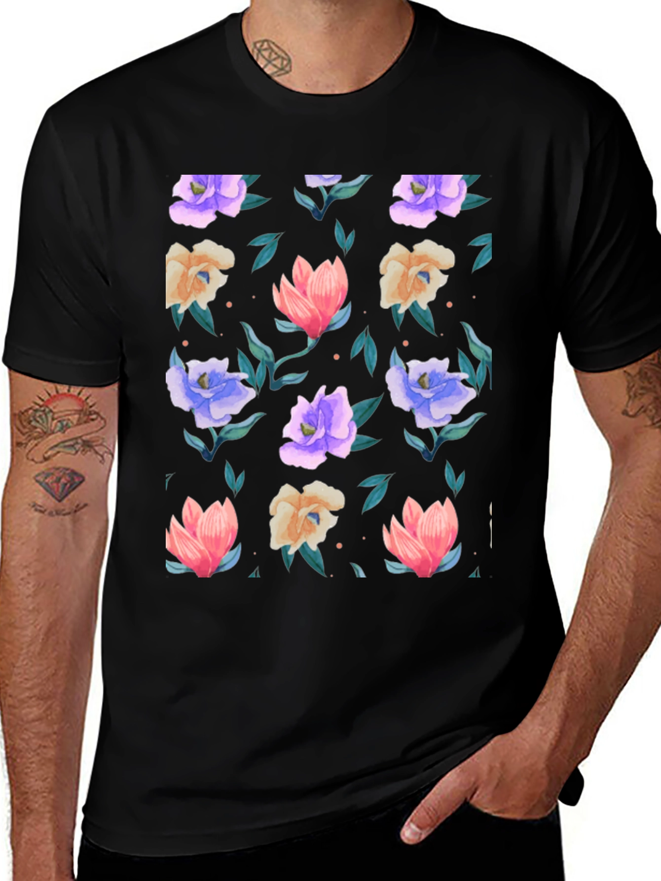 Black Floral Print T-Shirt - Black - Vibrant Blooms main image