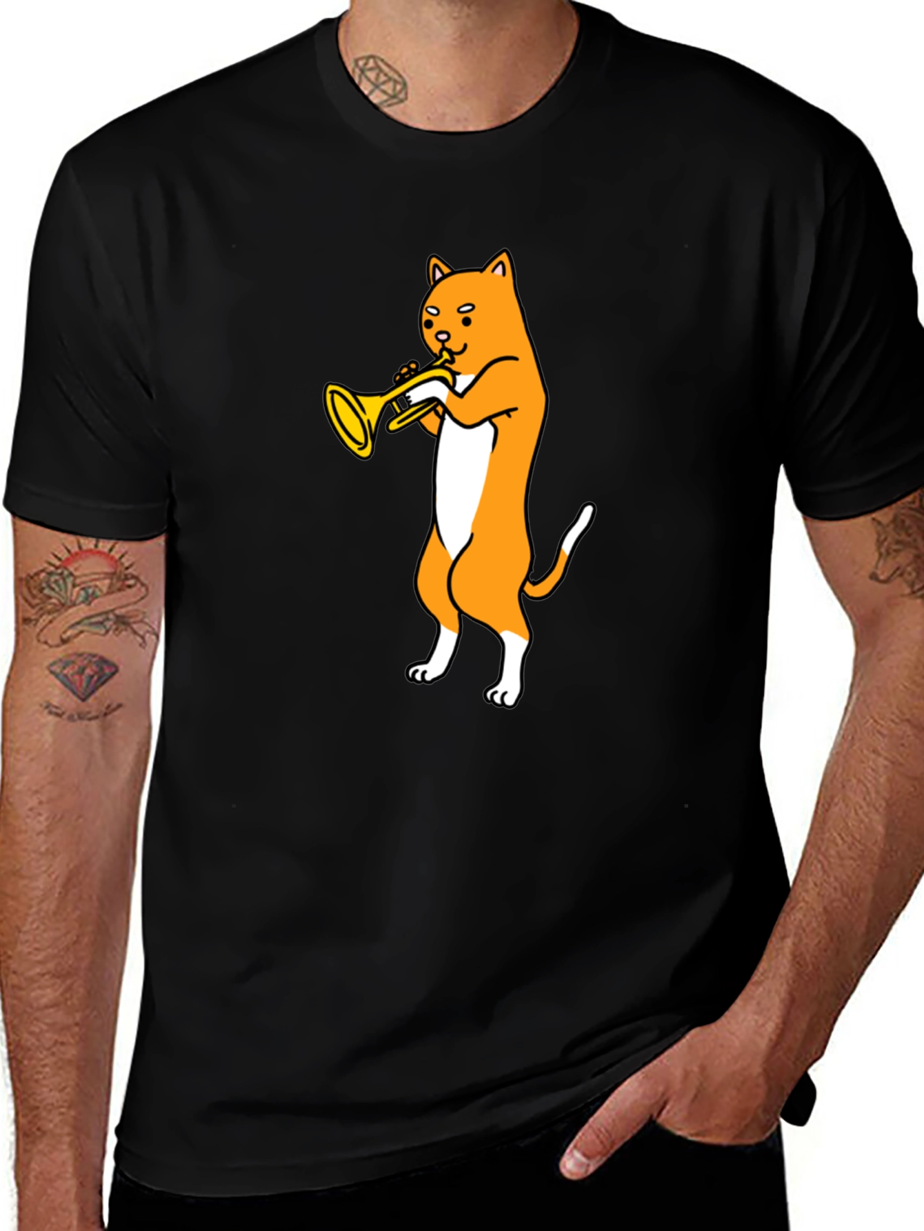 Variant 3 of Cat Trumpet T-Shirt - Black Graphic Tee