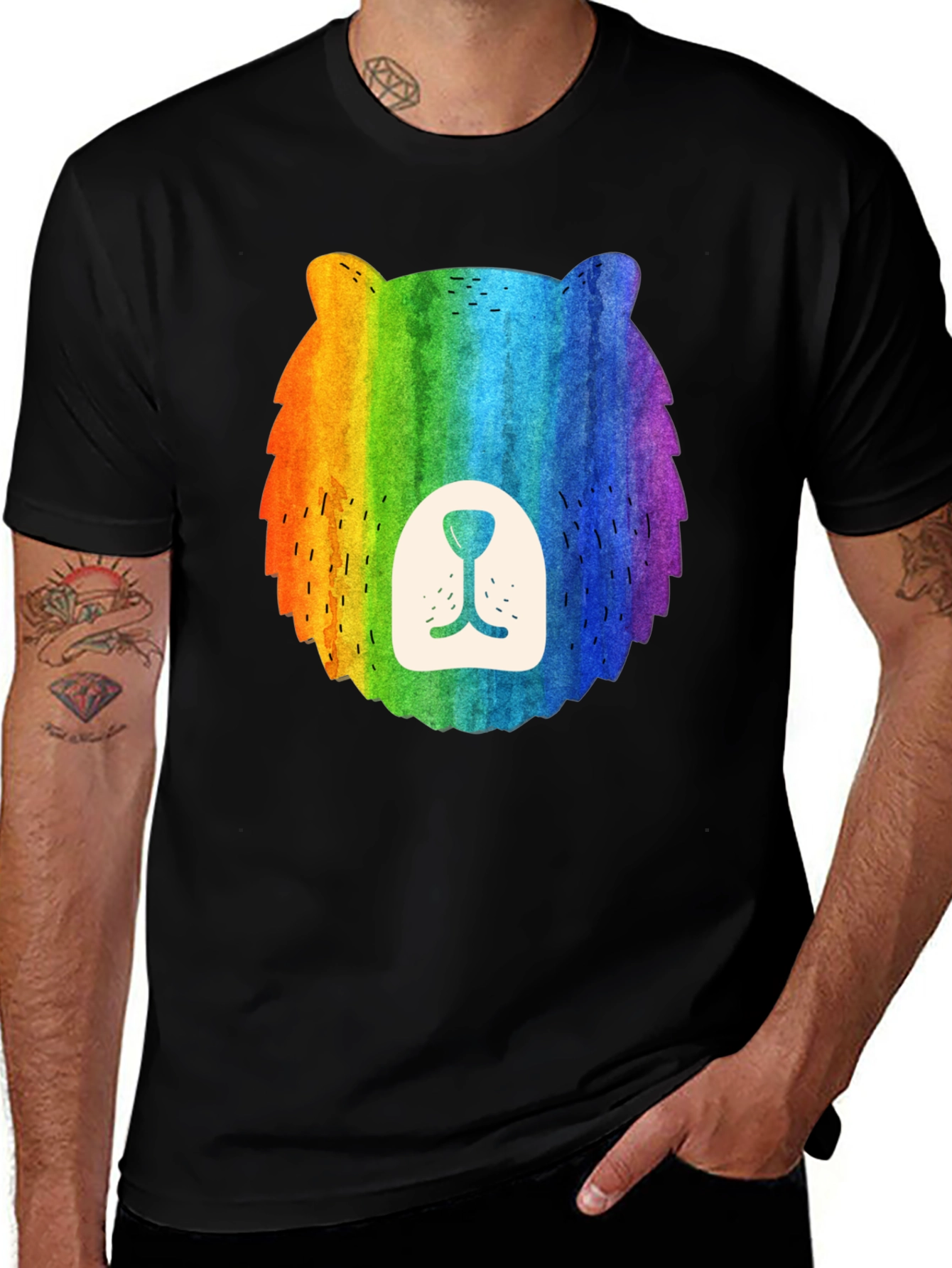 Variant 10 of Rainbow Bear Graphic Tee - Black Cotton Casual Shirt