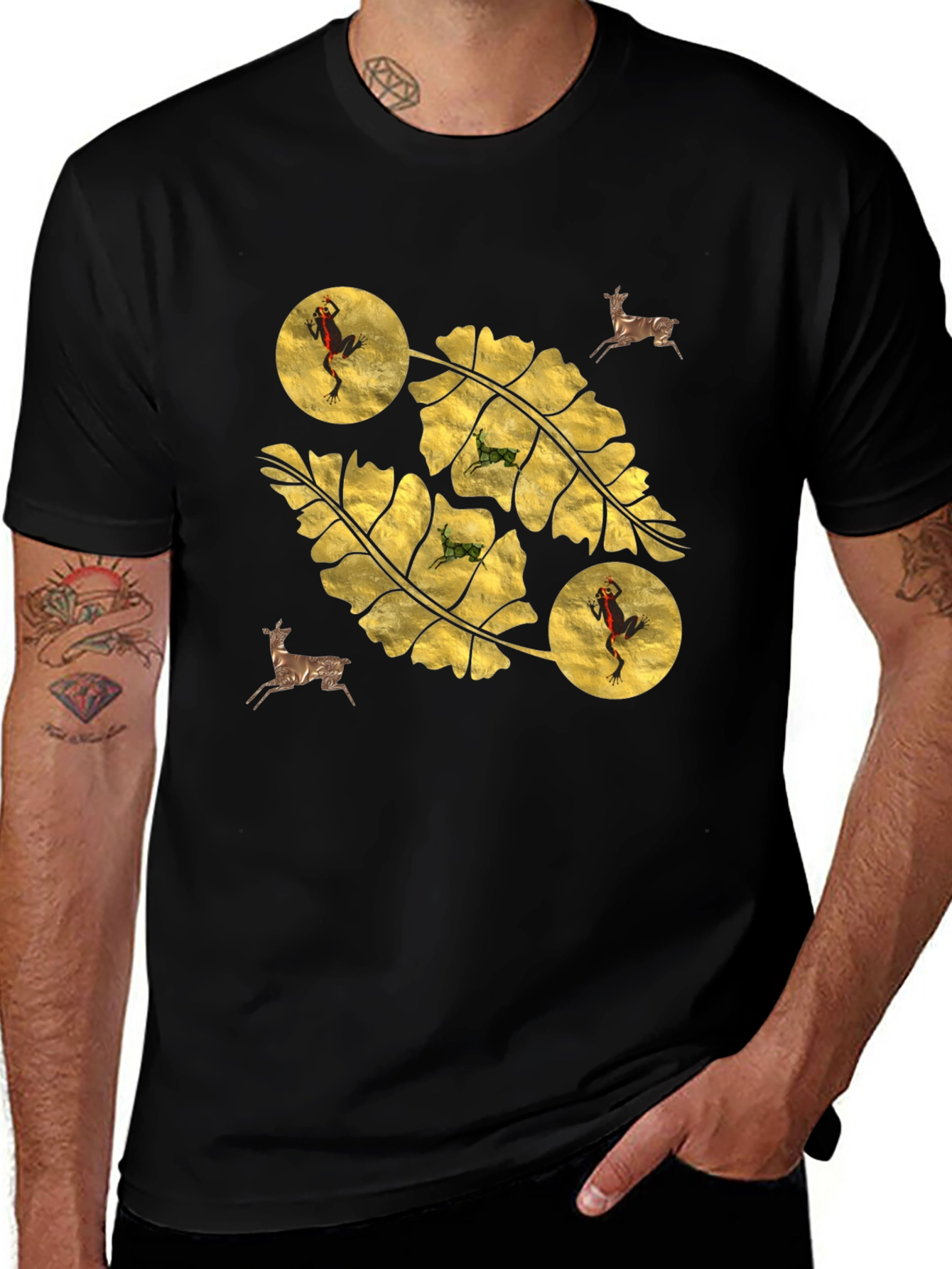 Variant 30 of Botanical Frog & Deer Print Black T-Shirt