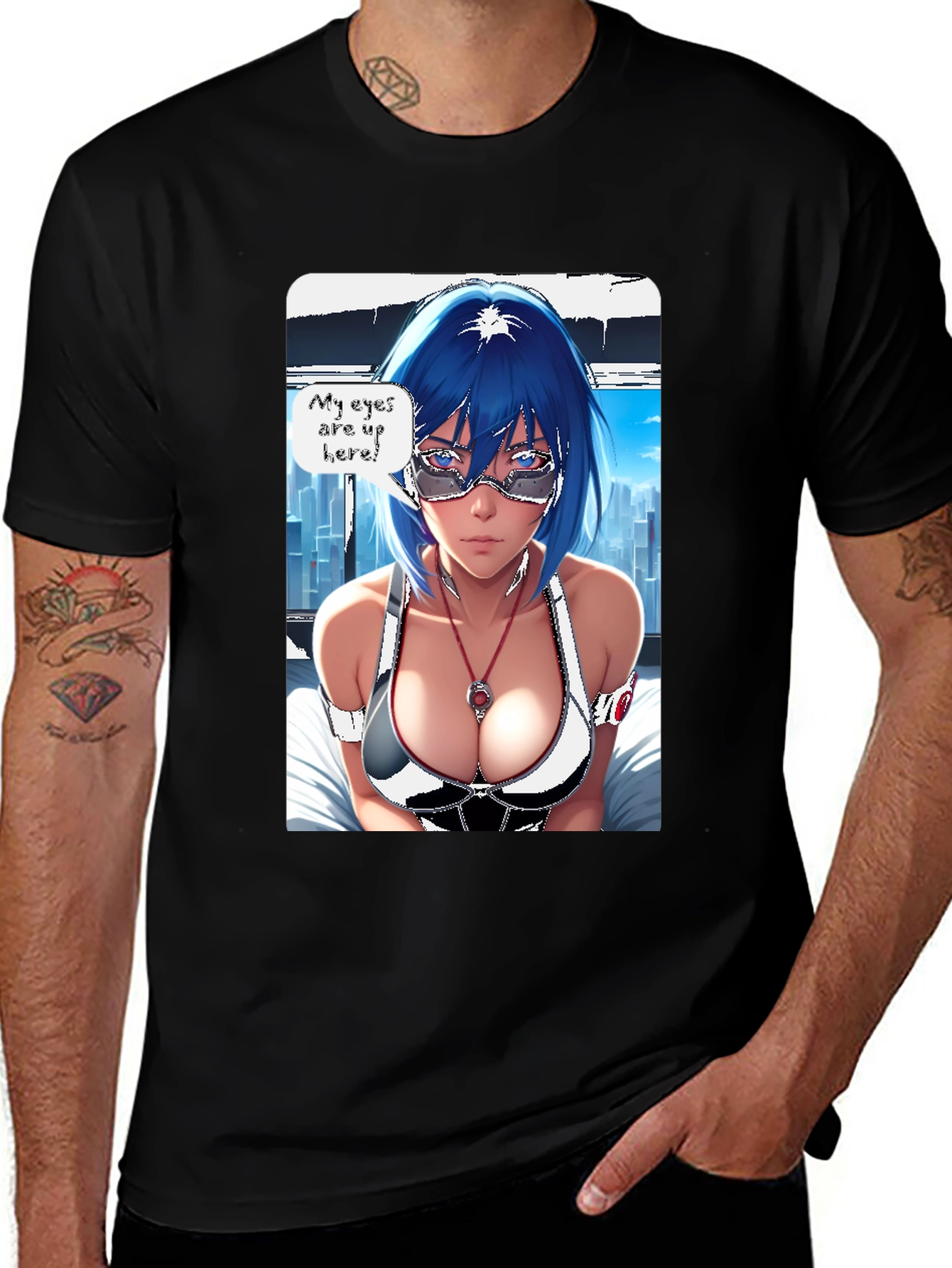 Variant 19 of Anime Girl Eyes Up Here Graphic Tee - Black
