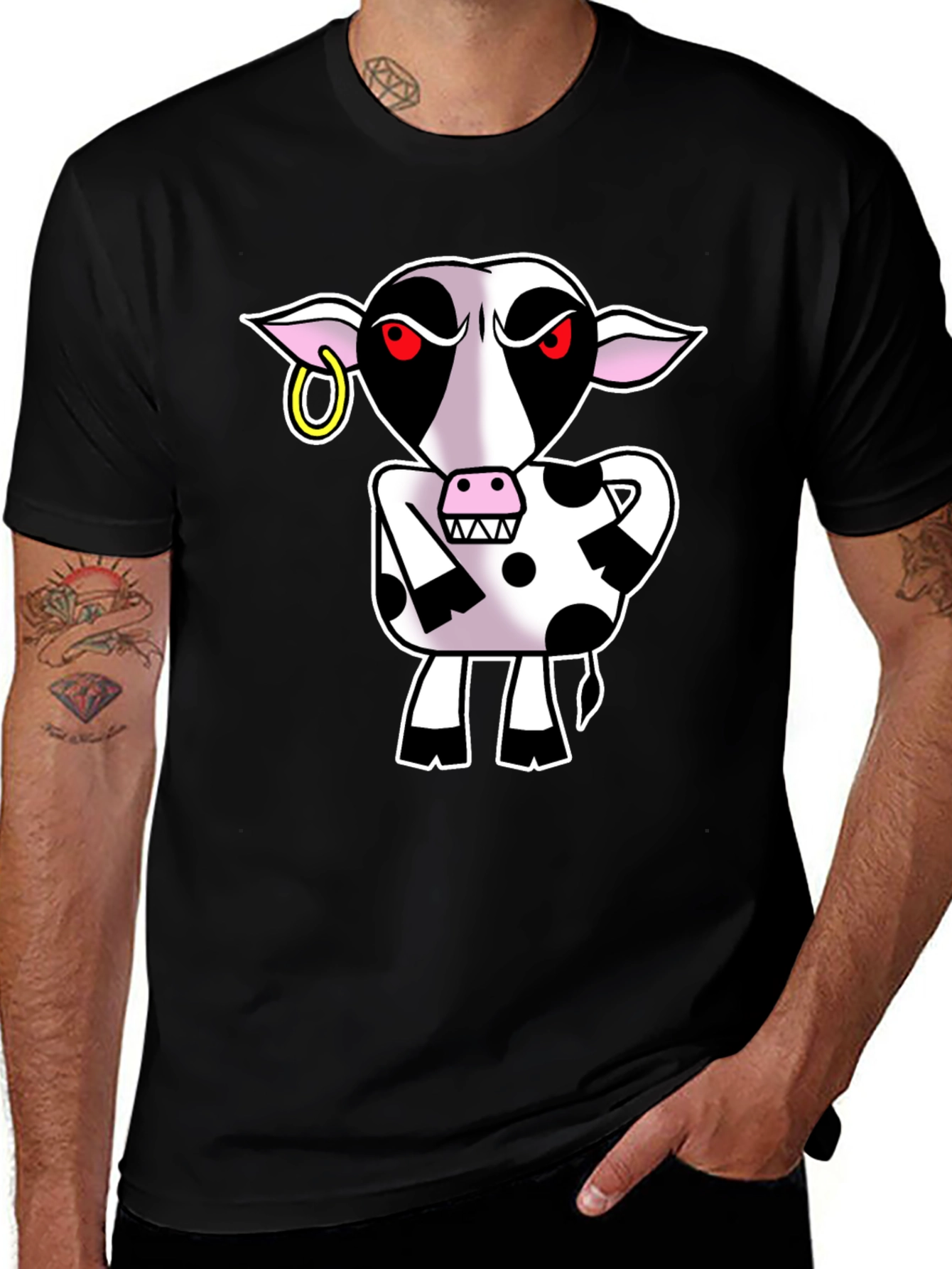Variant 14 of Cartoon Cow Graphic Tee - Black Cotton T-Shirt
