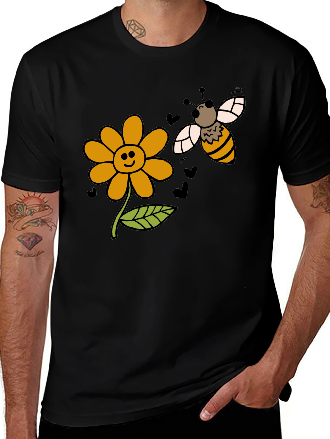 Variant 8 of Cute Bee & Flower Graphic T-Shirt - Black