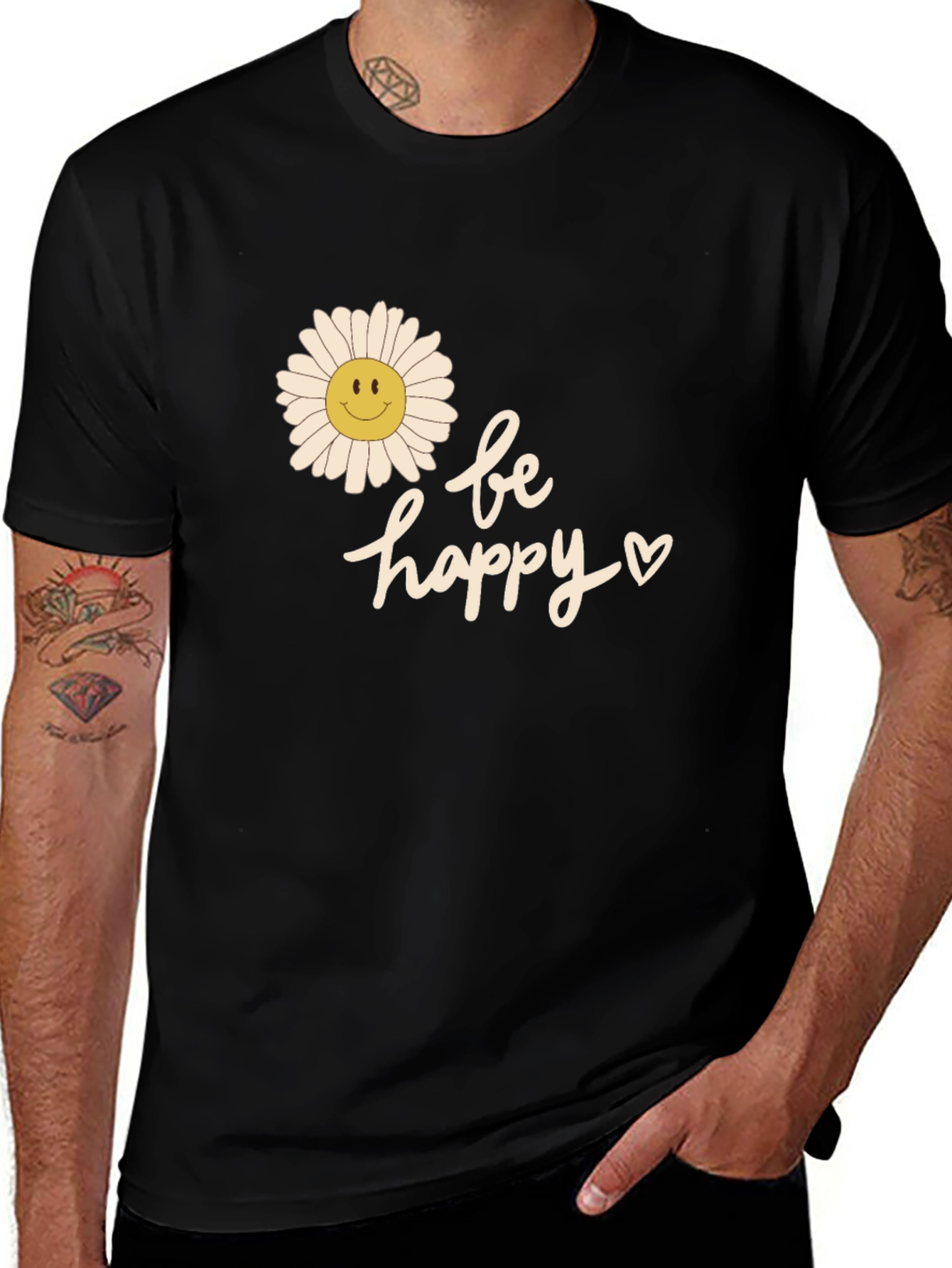Variant 25 of Be Happy Floral Graphic Tee - Unisex Black T-Shirt