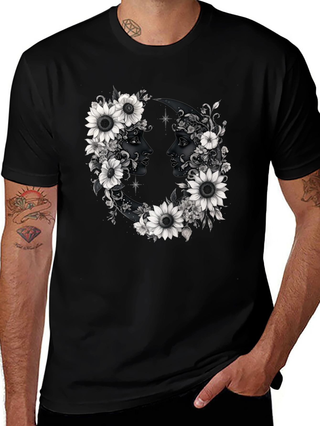 Variant 8 of Floral Moon Faces Graphic Tee - Black