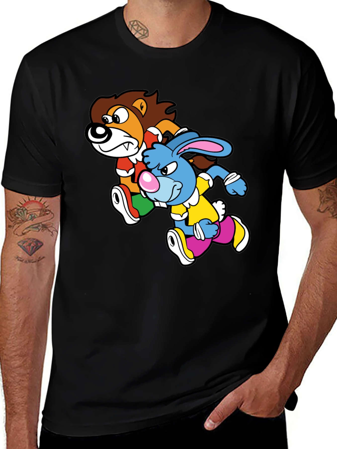 Variant 19 of Lion and Rabbit Cartoon Graphic Black T-Shirt
