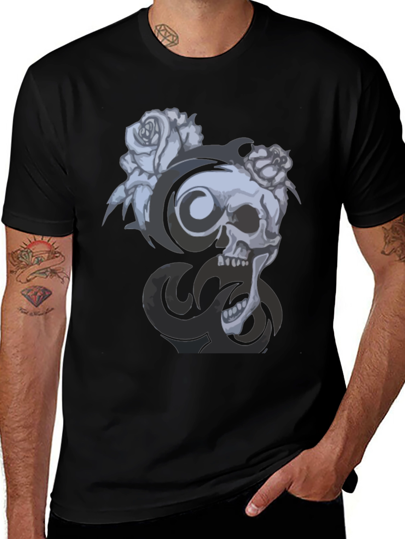 Variant 17 of Skull & Roses Graphic Tee - Men's Black T-Shirt