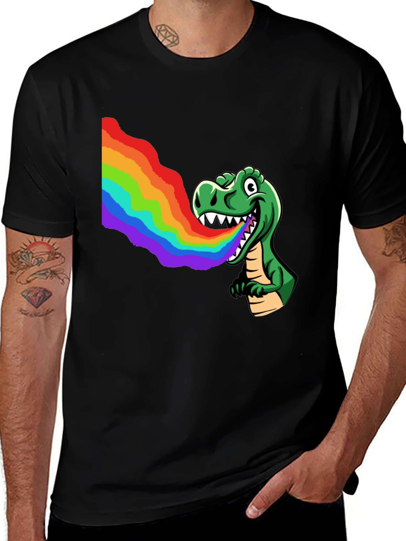 Variant 28 of Rainbow Dino Black T-Shirt