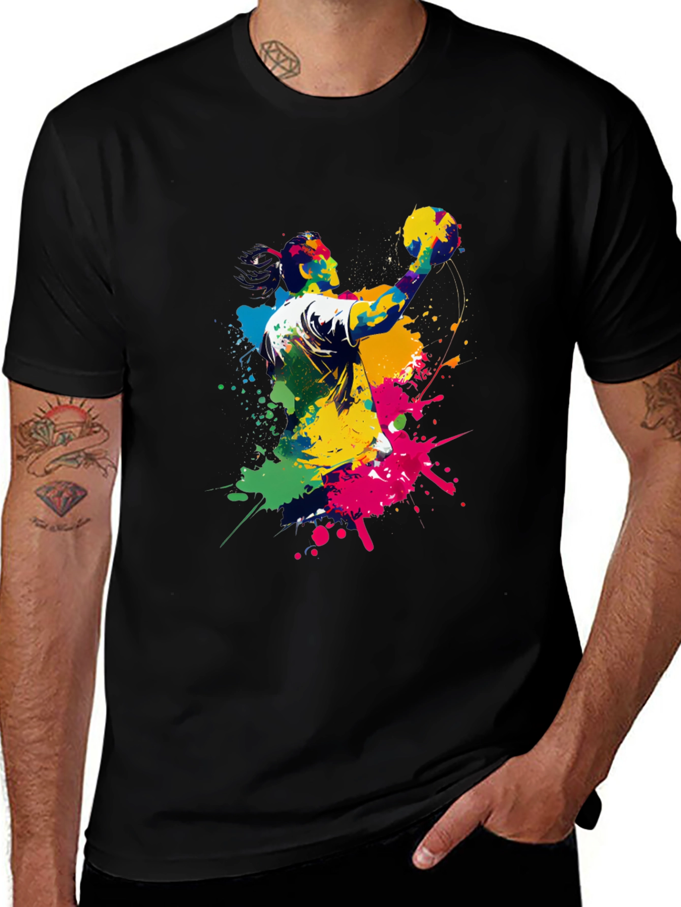 Variant 7 of Abstract Handball Player Graphic Tee - Black Cotton