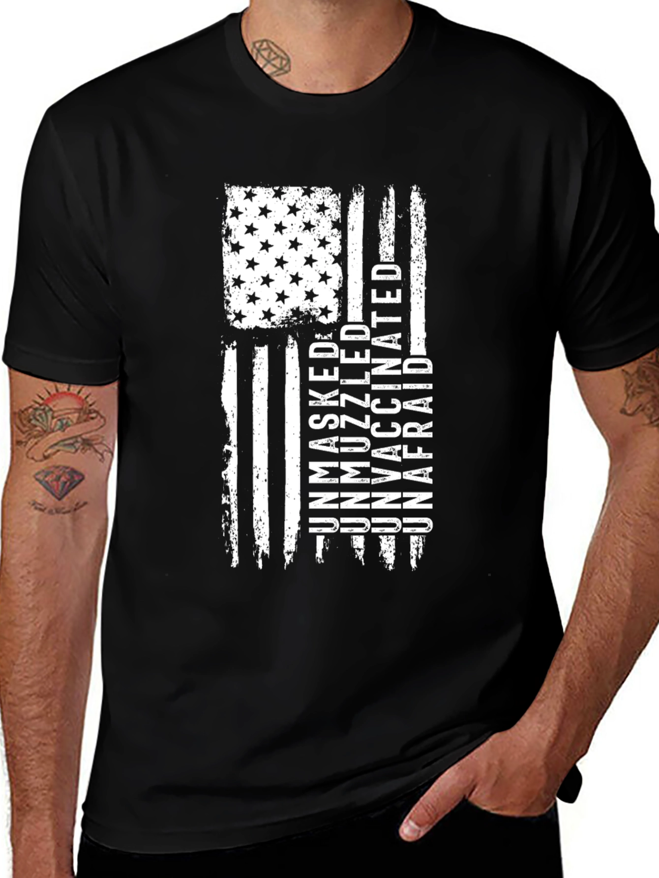 Variant 5 of Unmasked Unmuzzled Unvaccinated Unafraid American Flag T-Shirt
