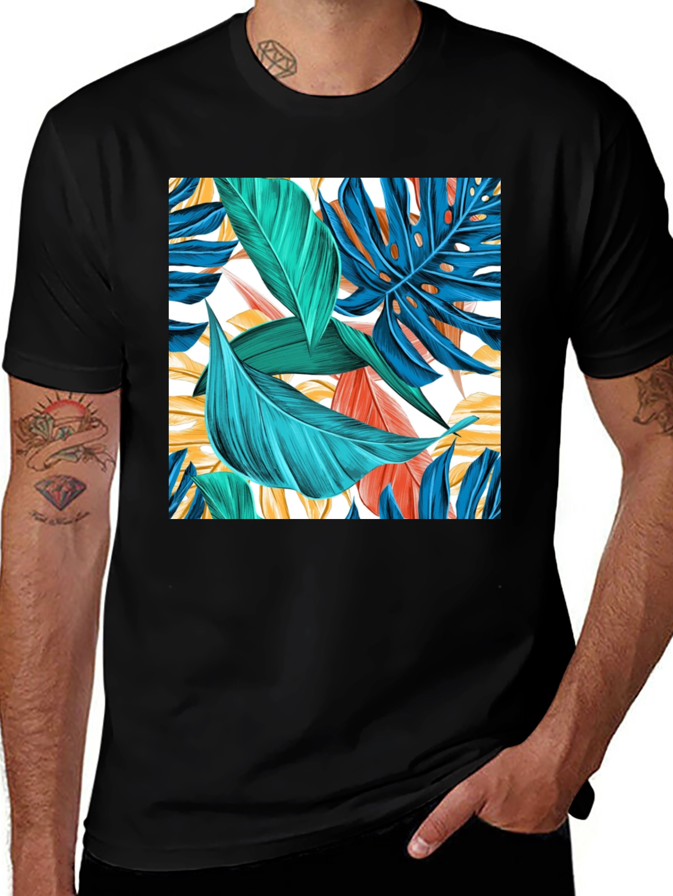 Variant 5 of Tropical Leaves Print Black T-Shirt