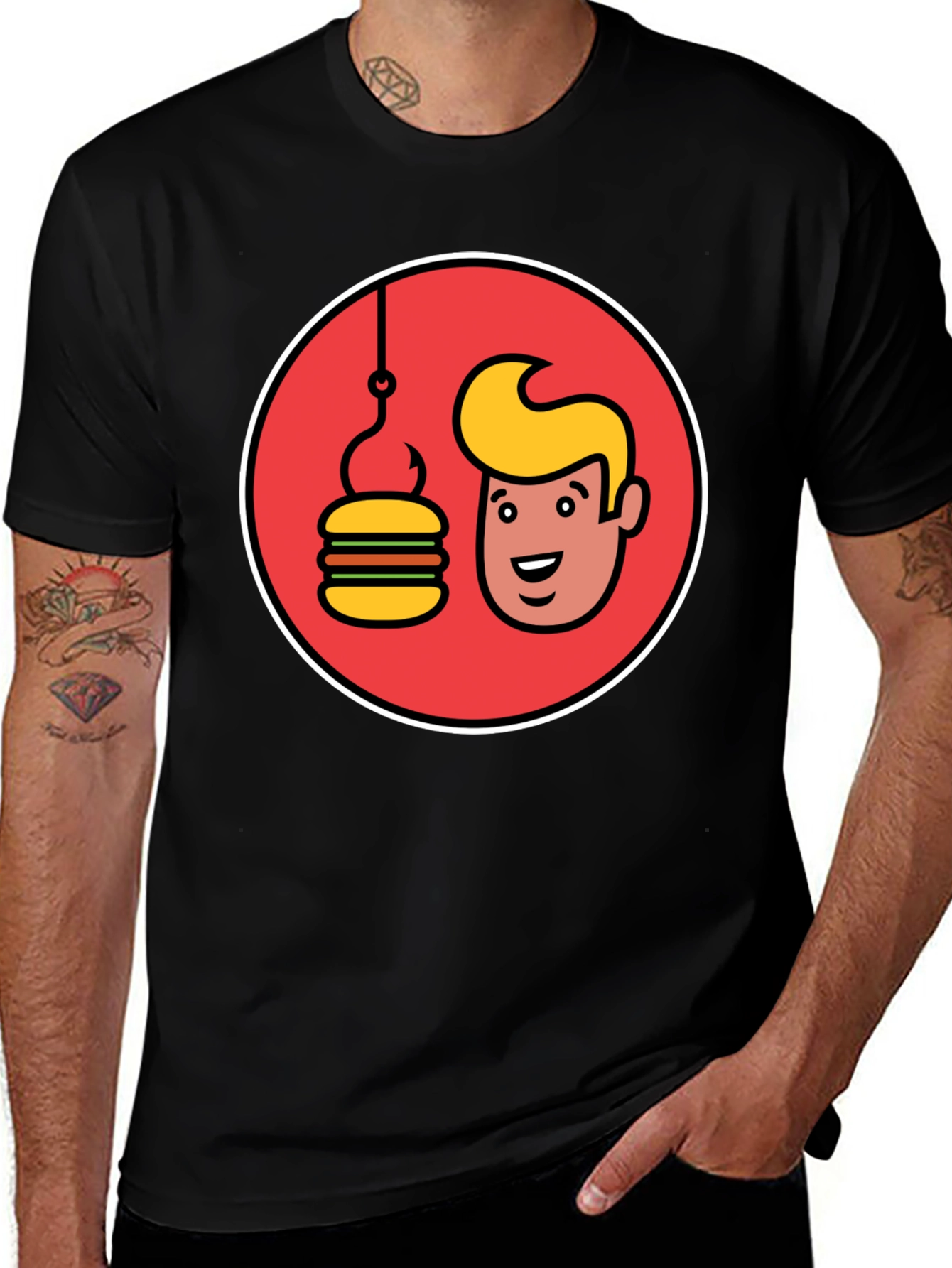 Variant 2 of Funny Man & Burger Fishing Hook Black T-Shirt