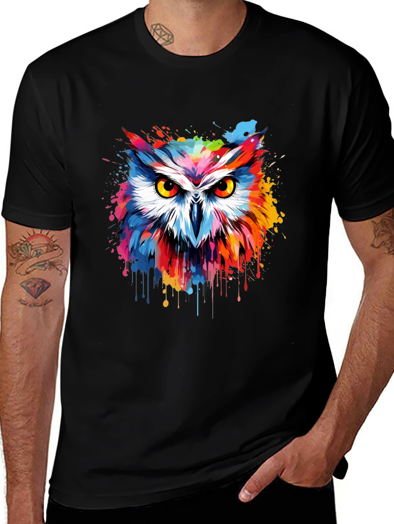 Variant 24 of Colorful Owl Graphic Tee - Men's Black T-Shirt