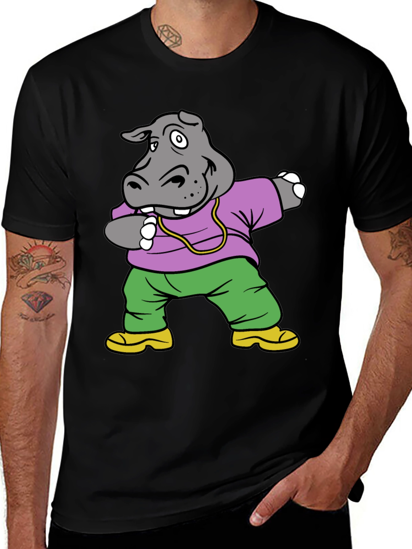 Black Dabbing Hippo Graphic Tee - Cool Cartoon Shirt main image