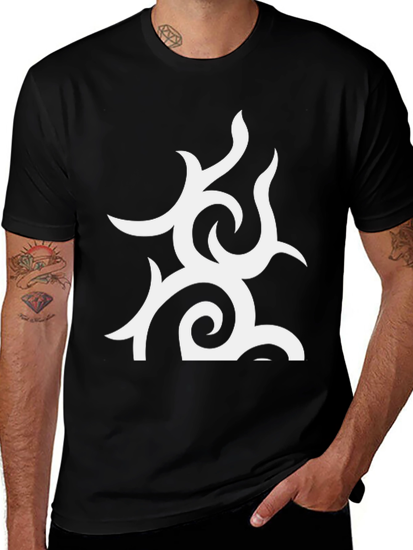 Variant 27 of Black Tee with Abstract White Tribal Design