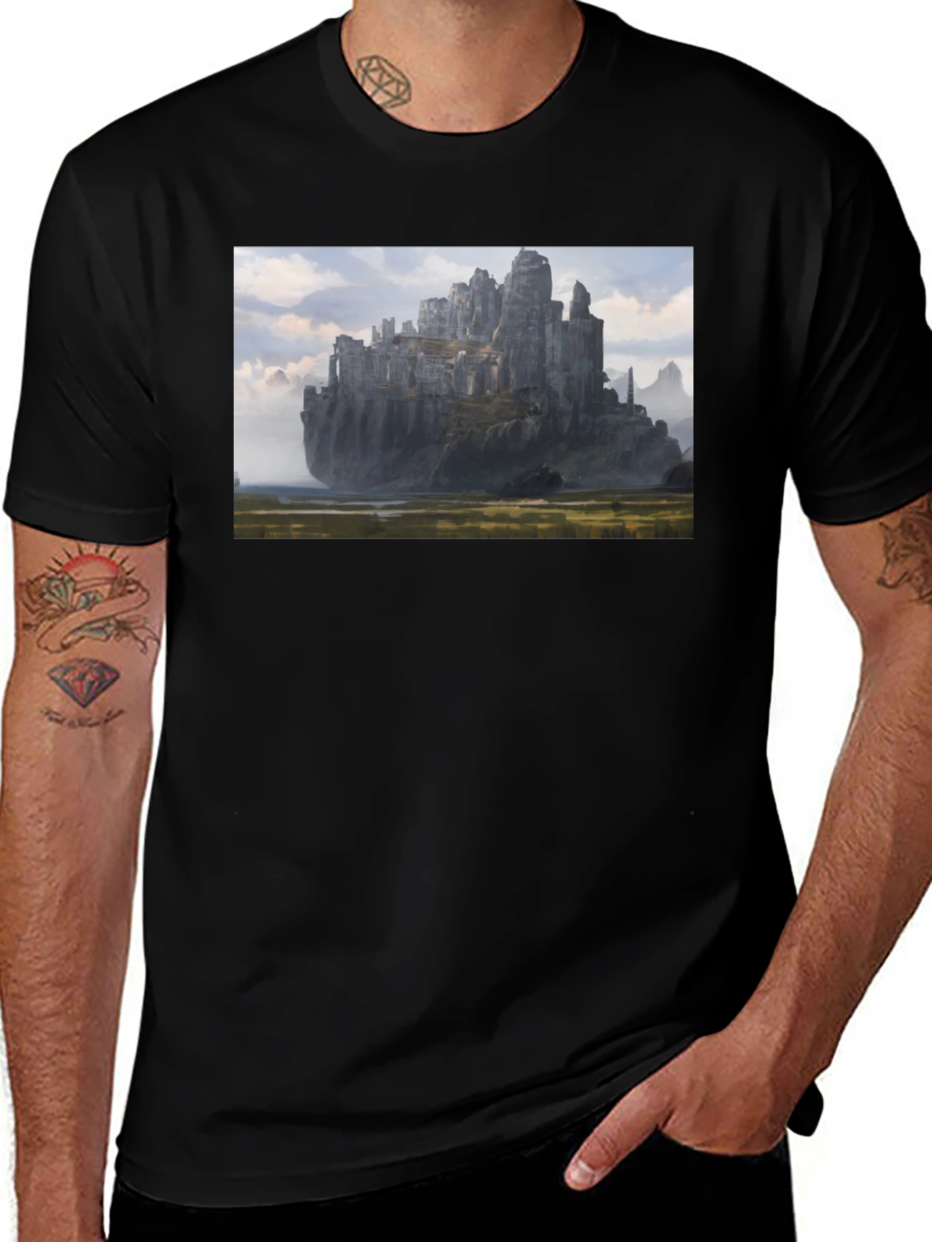 Variant 25 of Fantasy Castle Graphic Tee - Black Cotton T-Shirt