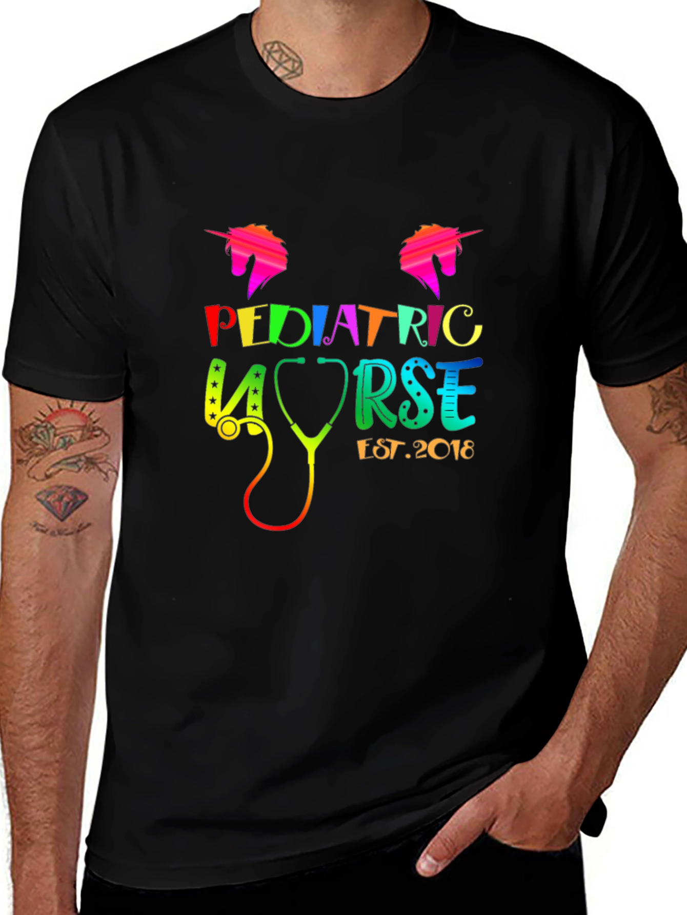 Pediatric Nurse Unicorn Graphic T-Shirt, Est. 2018, Rainbow