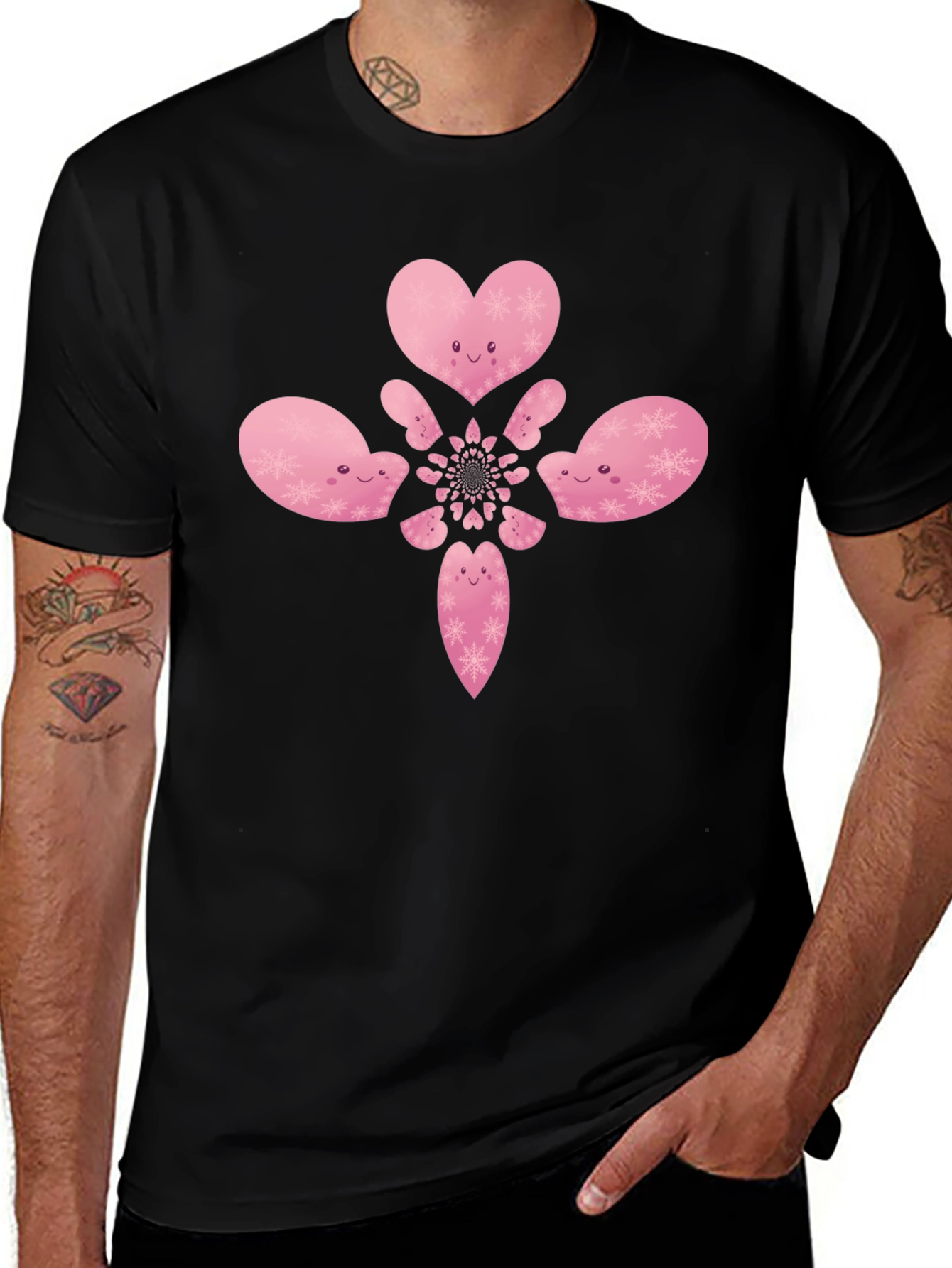 Heart Snowflake Pattern Black T-Shirt