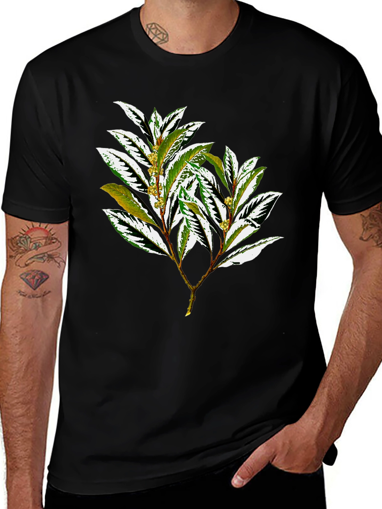 Variant 7 of Botanical Leaf Print Black T-Shirt