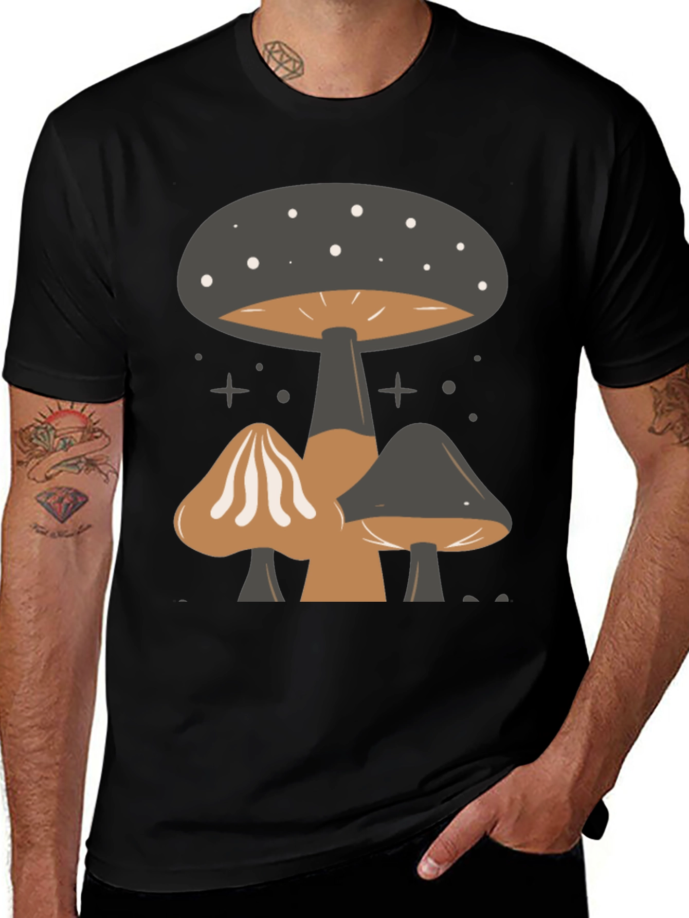 Variant 18 of Mushroom Print Tee - Black Graphic T-Shirt