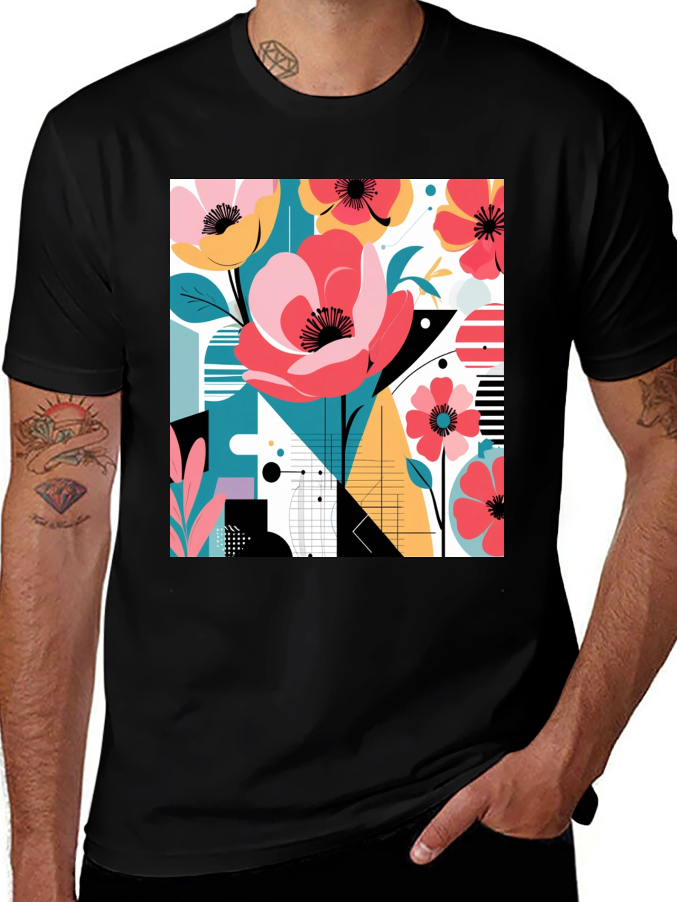 Variant 4 of Modern Floral Graphic Print Black T-Shirt