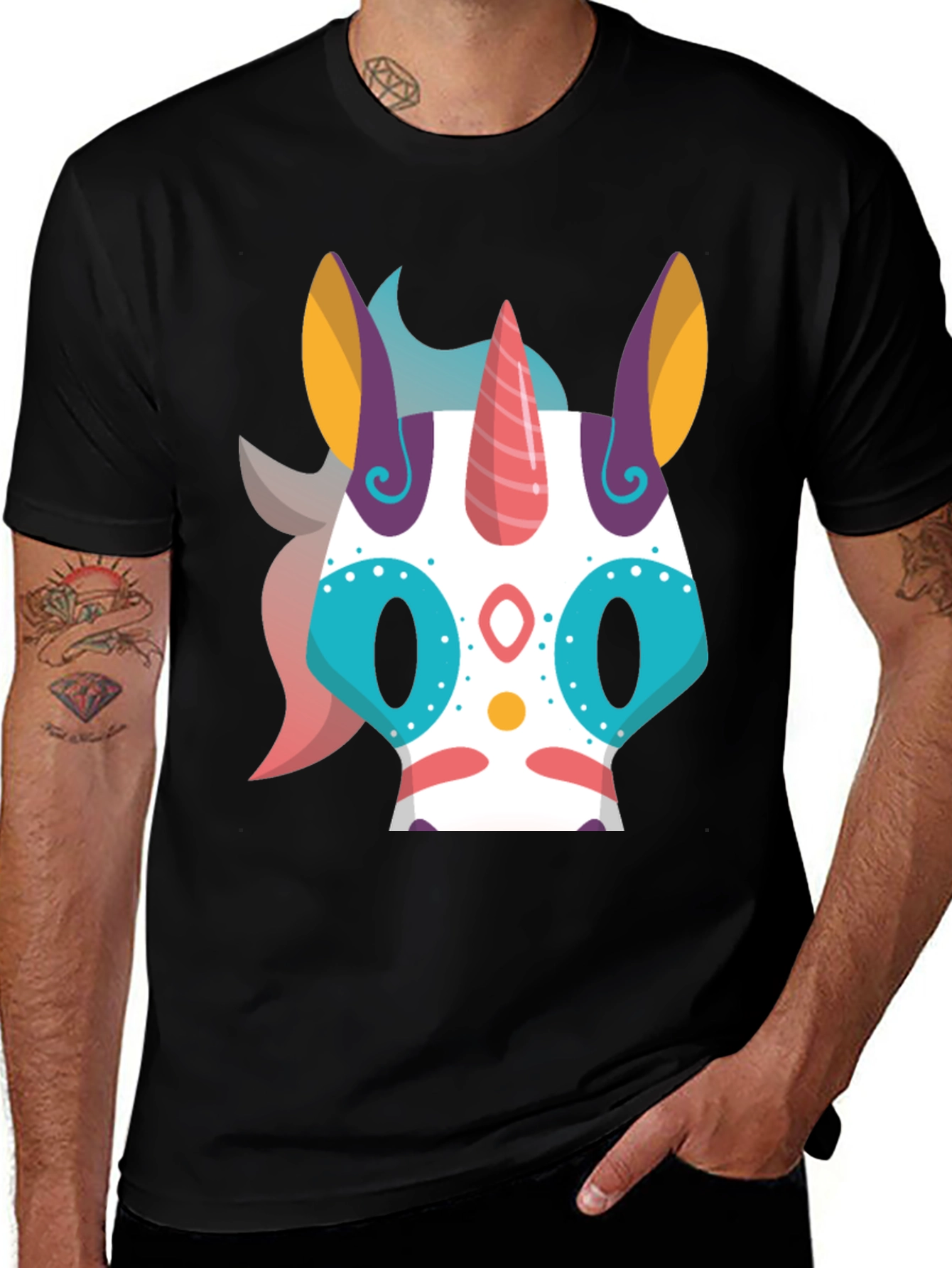 Variant 15 of Unicorn Sugar Skull Graphic Tee - Black Cotton Casual Shirt