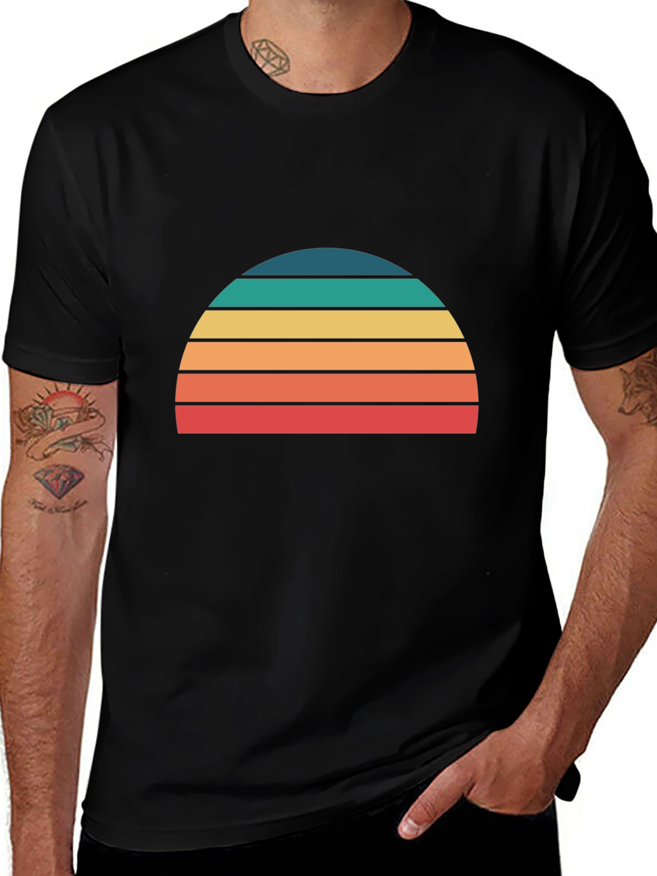 Variant 16 of Retro Sunset Striped Graphic Tee - Black