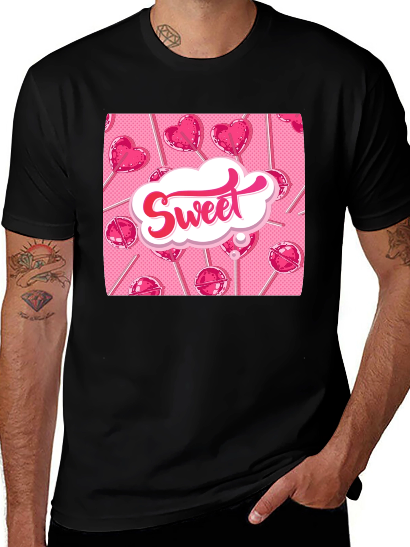 Variant 28 of Sweet Lollipop Pattern Black T-Shirt