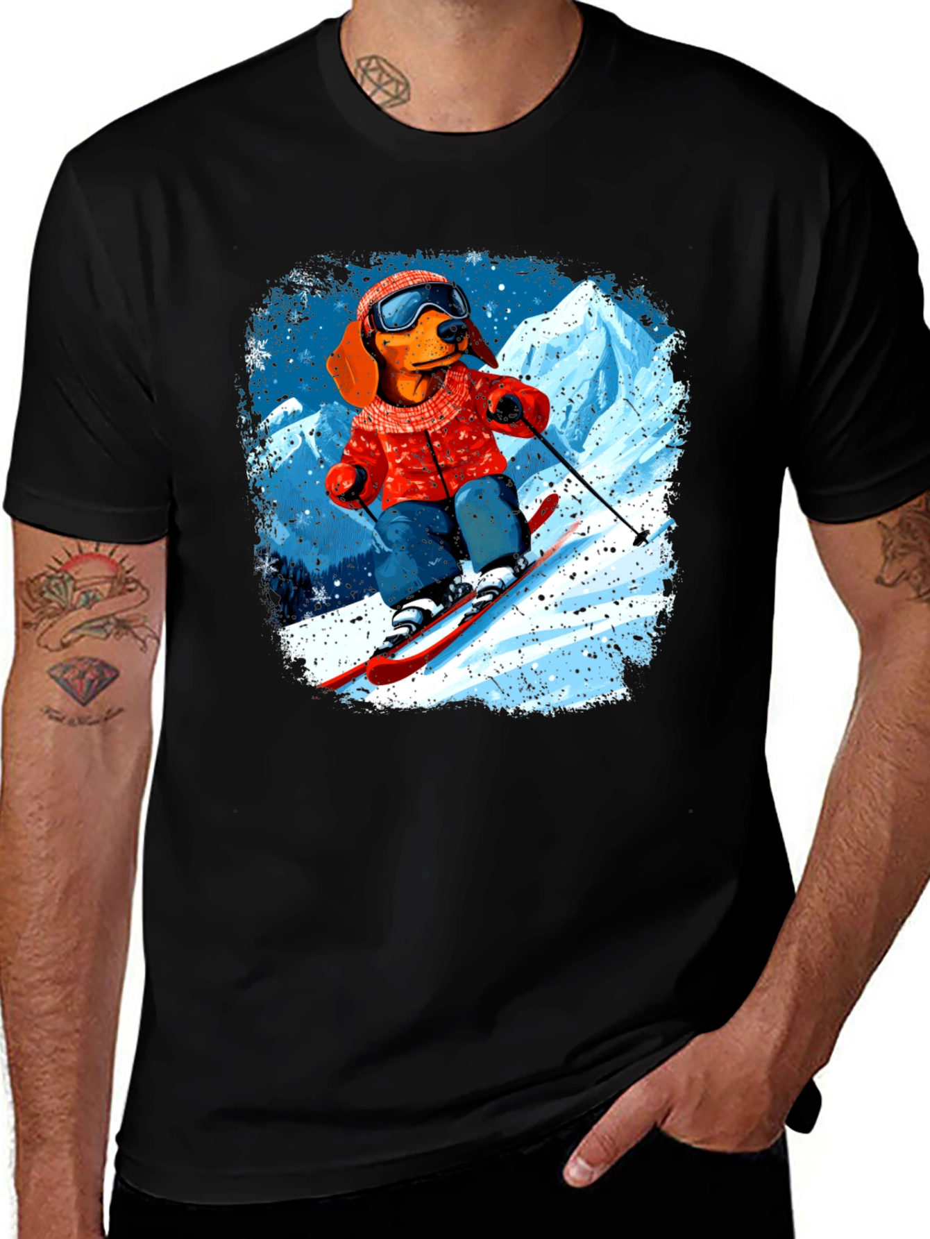 Variant 20 of Dog Skiing Graphic Tee - Black Cotton T-Shirt