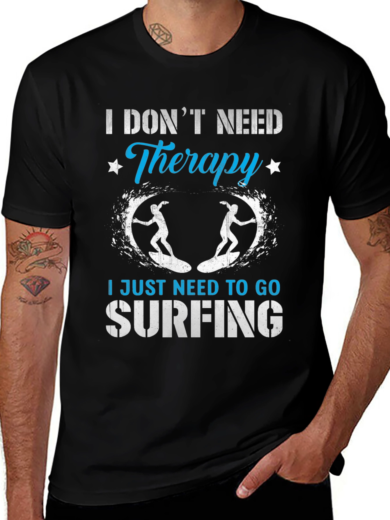 Variant 14 of Surfing Therapy Graphic Tee - Black Cotton T-Shirt