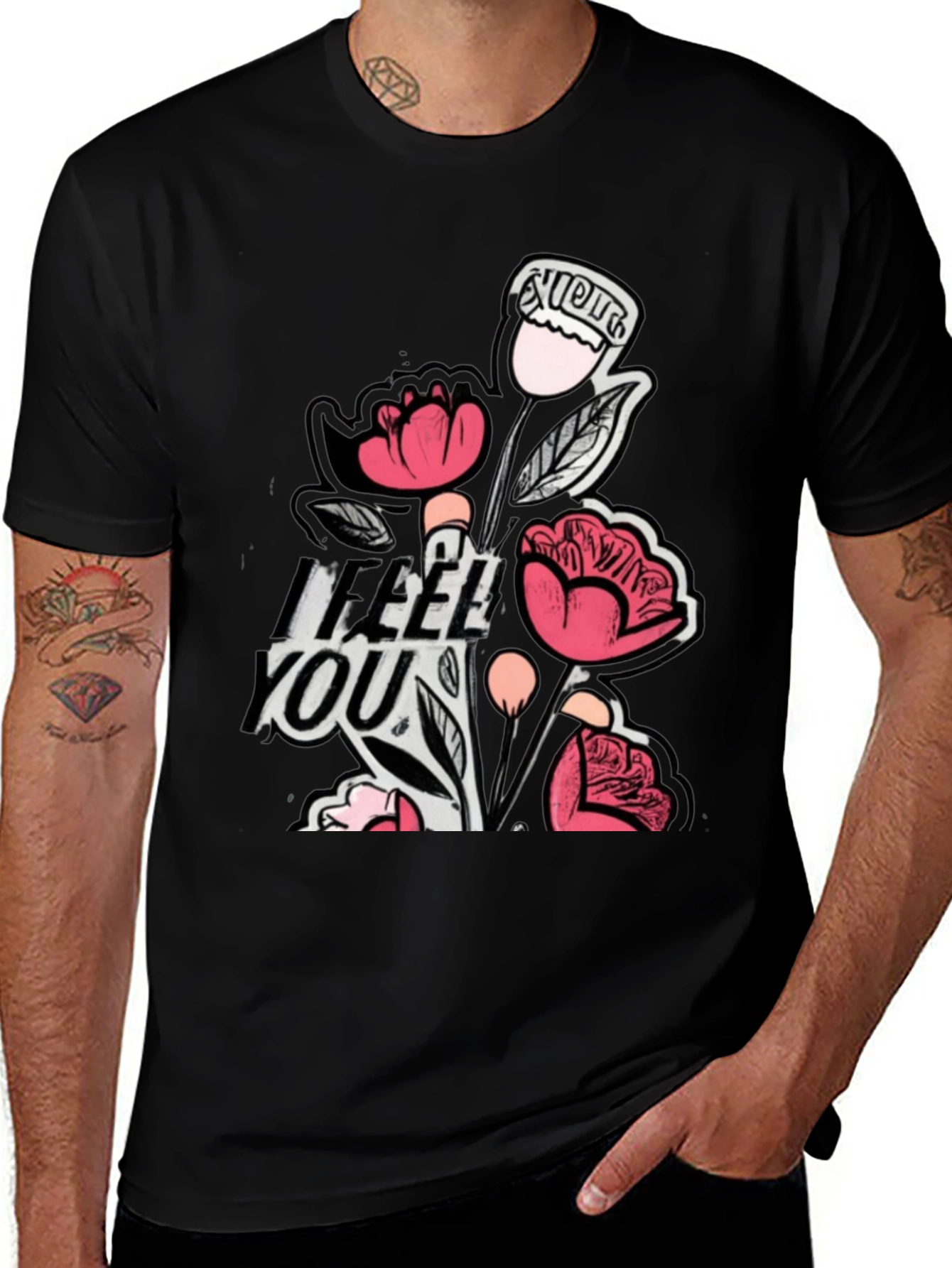 Floral "I Feel You" Black Graphic T-Shirt