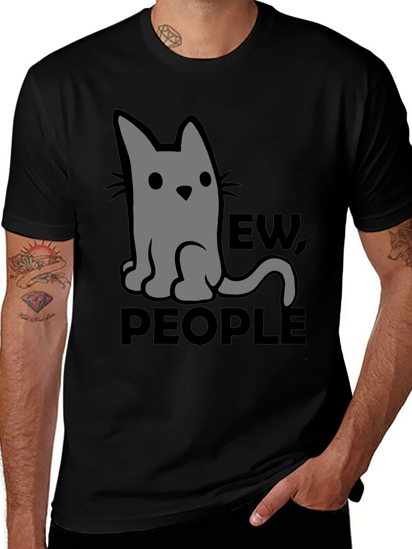 Ew, People Cat Graphic T-Shirt - Black