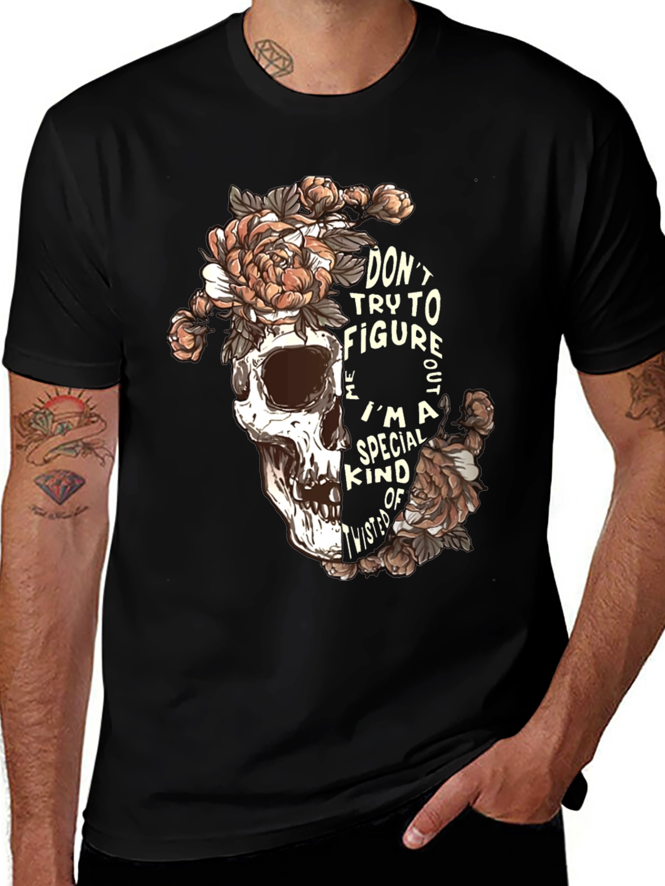 Variant 11 of Skull Floral Graphic T-Shirt - Don't Try to Figure Me Out Tee