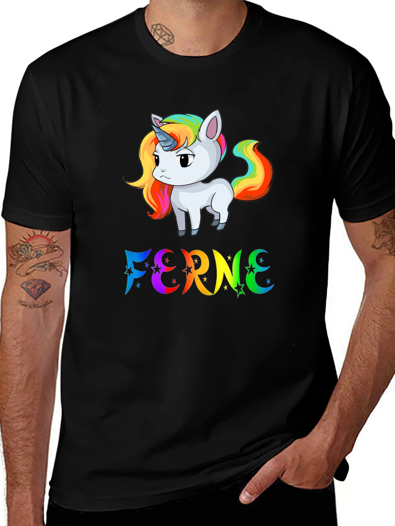 Variant 12 of Rainbow Unicorn "FERNE" Graphic Black T-Shirt