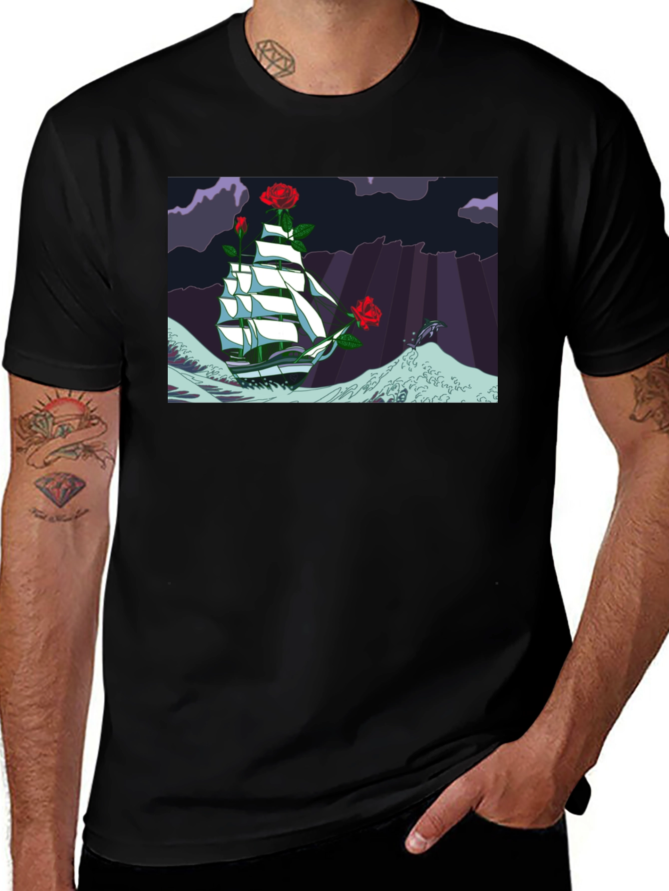 Variant 27 of Nautical Rose Ship Graphic Black T-Shirt