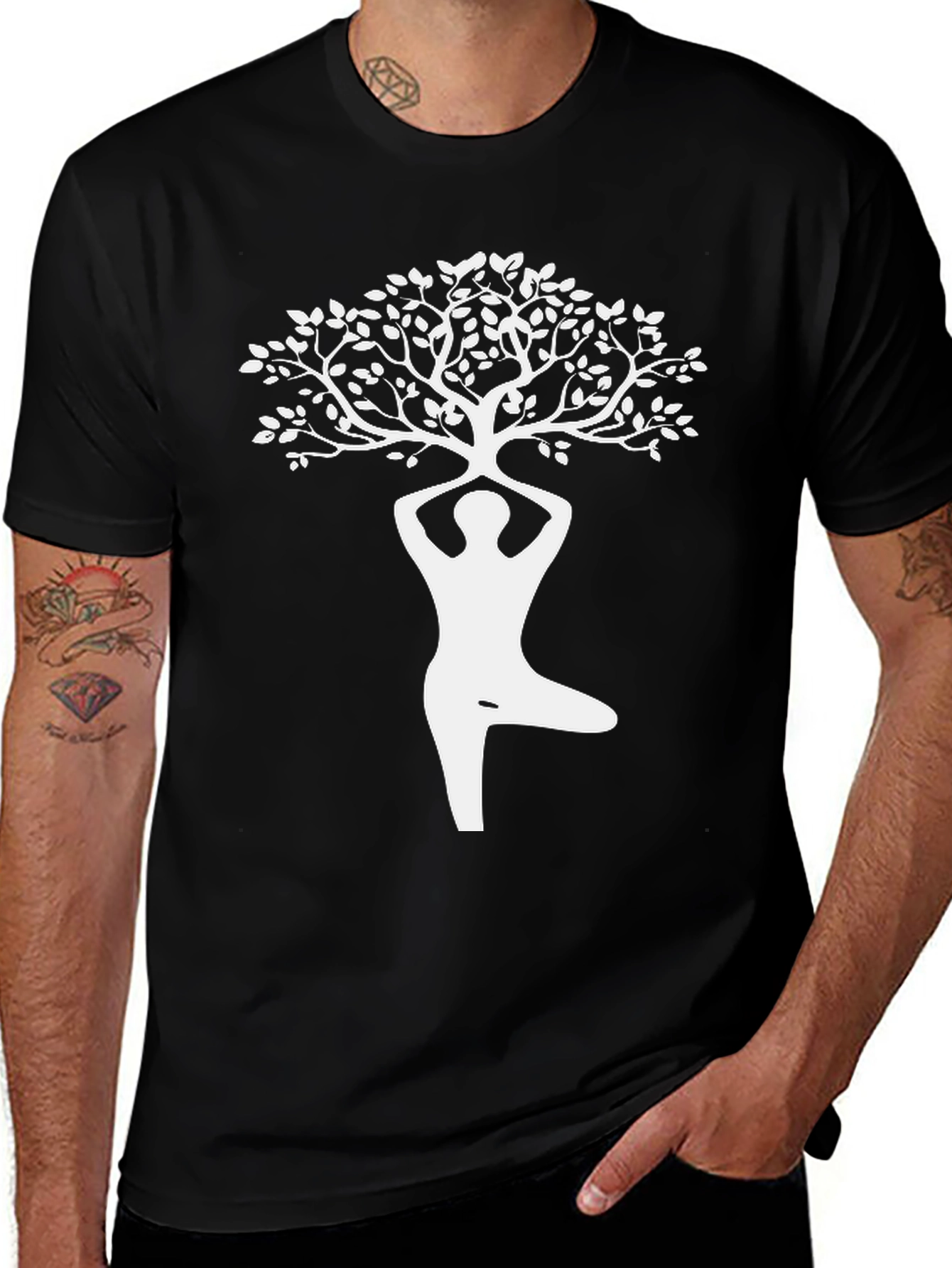 Variant 14 of Yoga Tree Pose Graphic Tee - Black Cotton Shirt