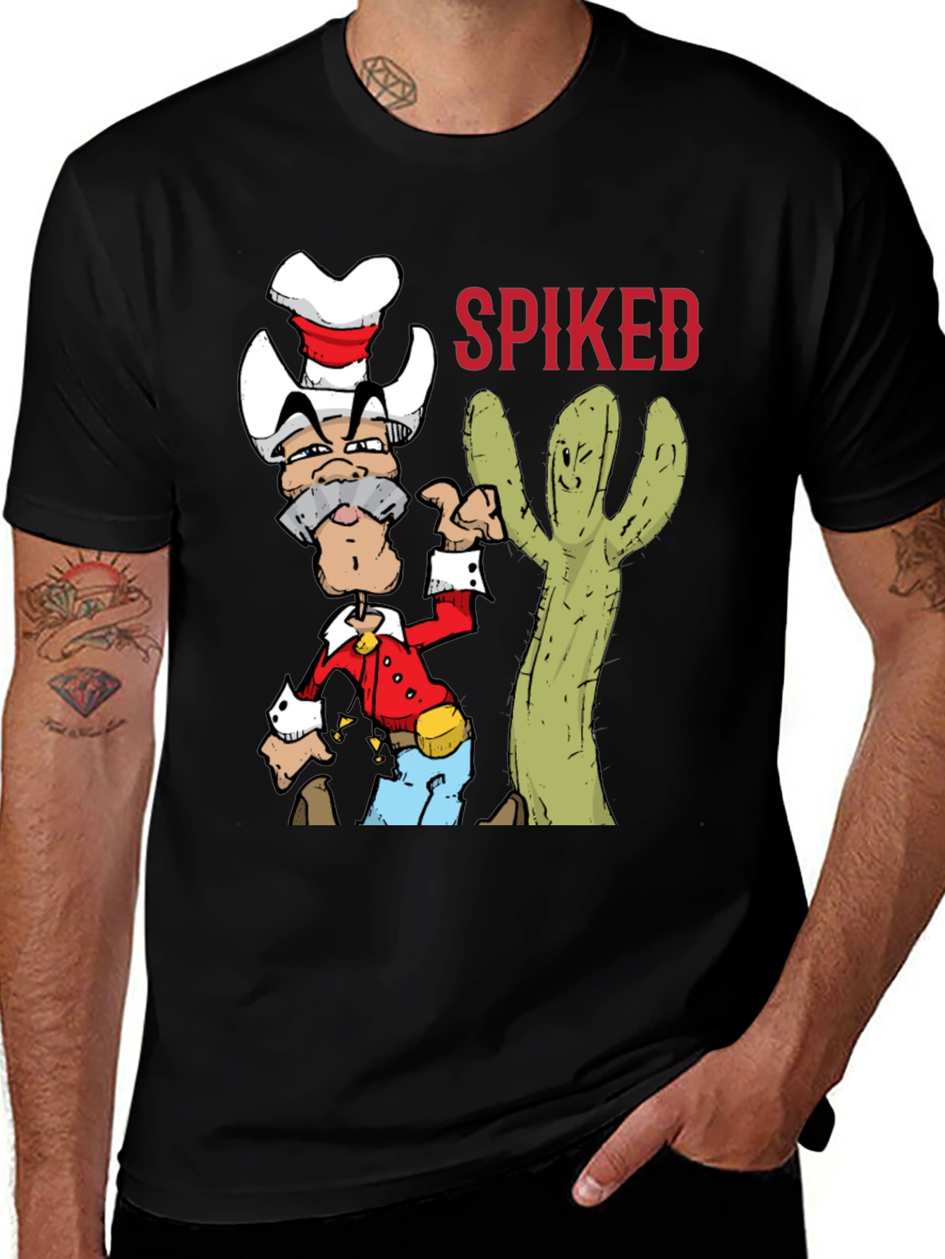 Variant 12 of Spiked Cactus Cartoon Graphic Black T-Shirt