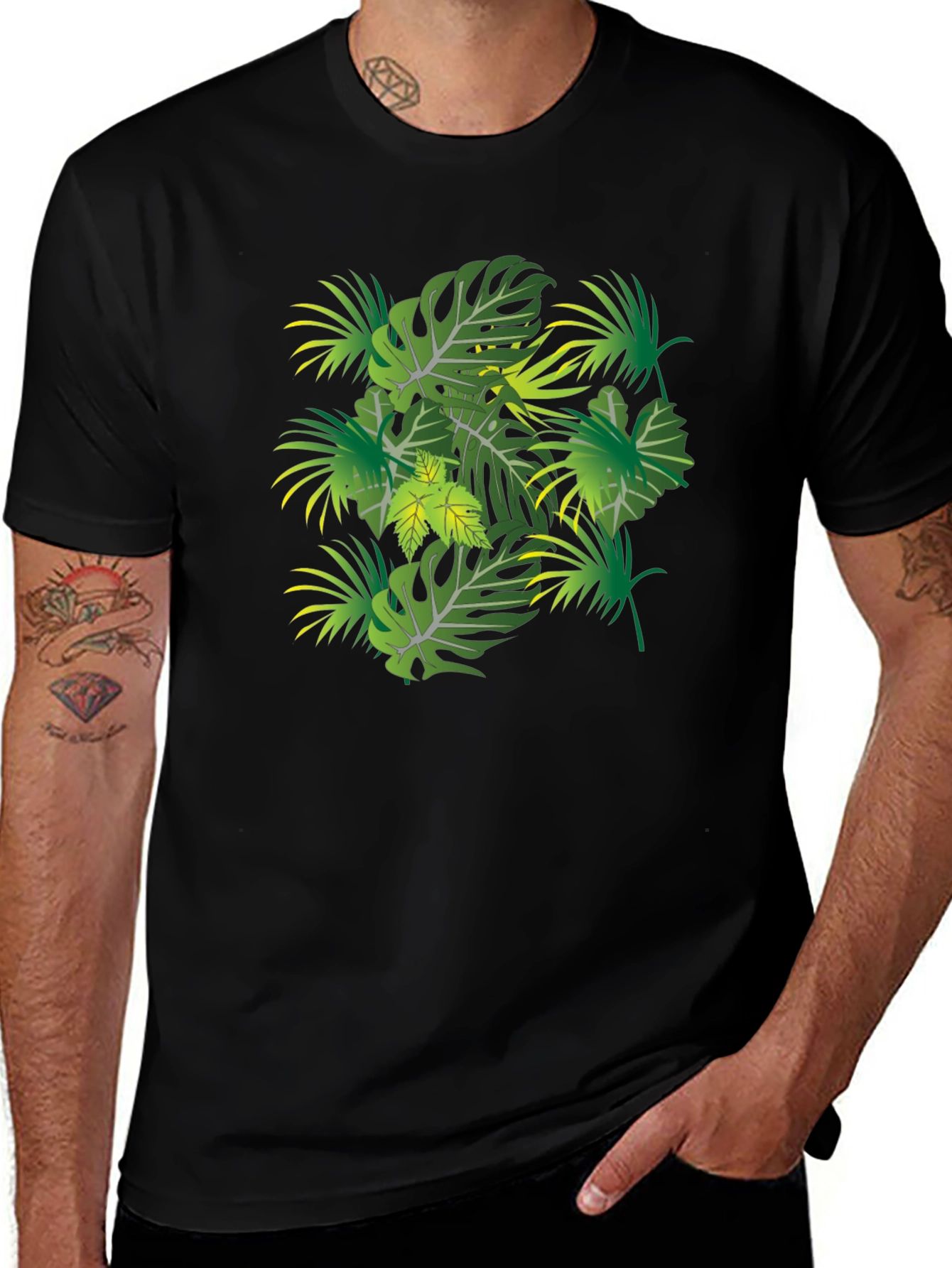 Tropical Leaf Print Black T-Shirt
