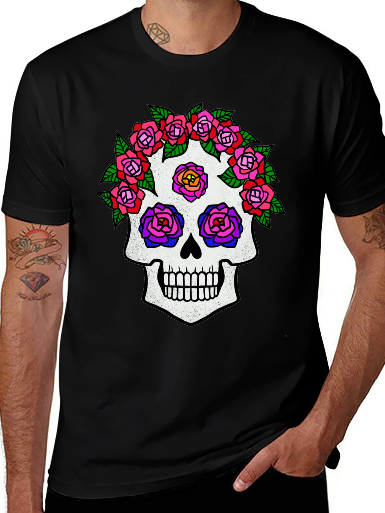 Sugar Skull Rose Graphic Tee - Black