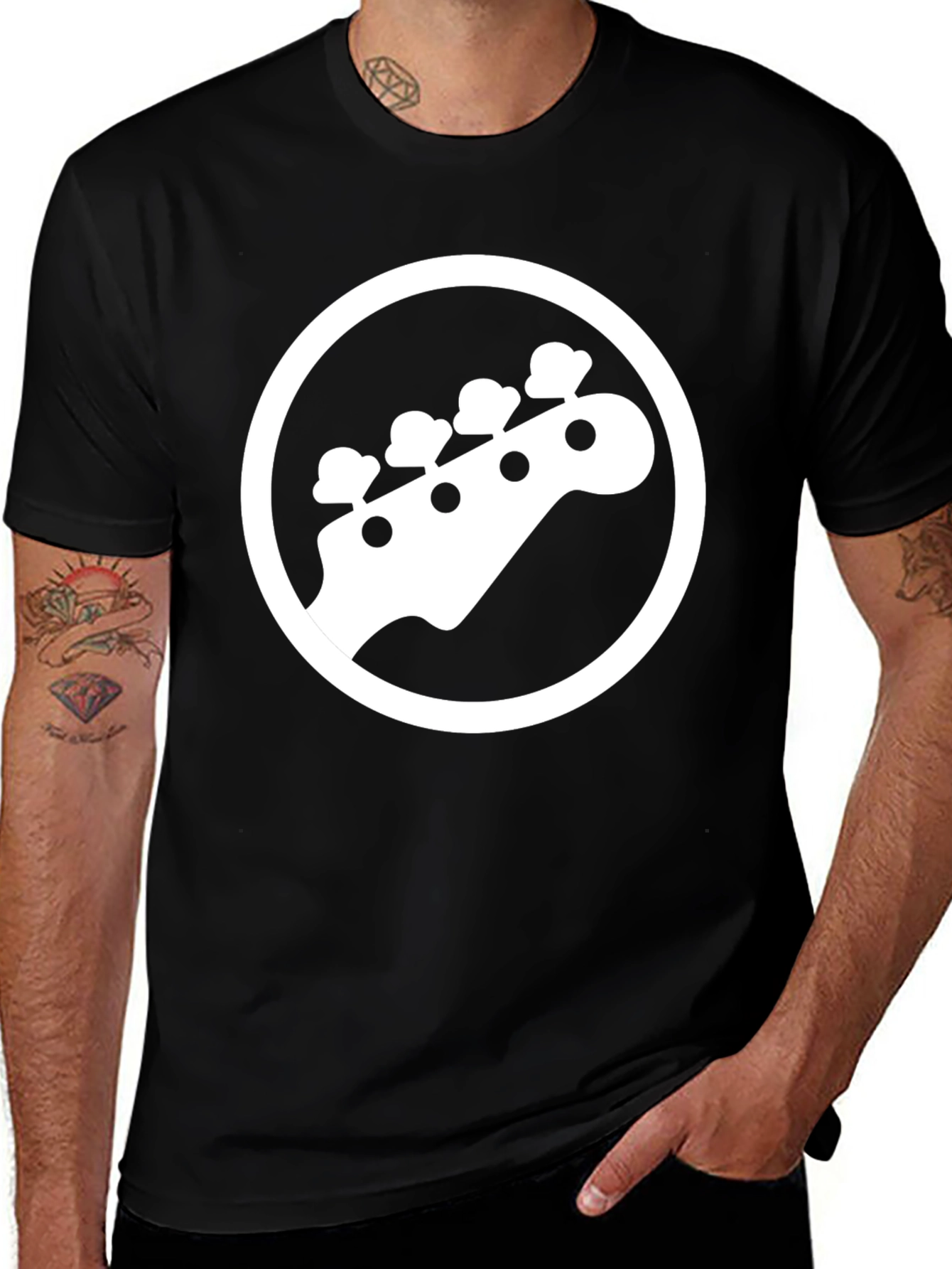 Variant 29 of Black T-Shirt with White Bass Guitar Graphic