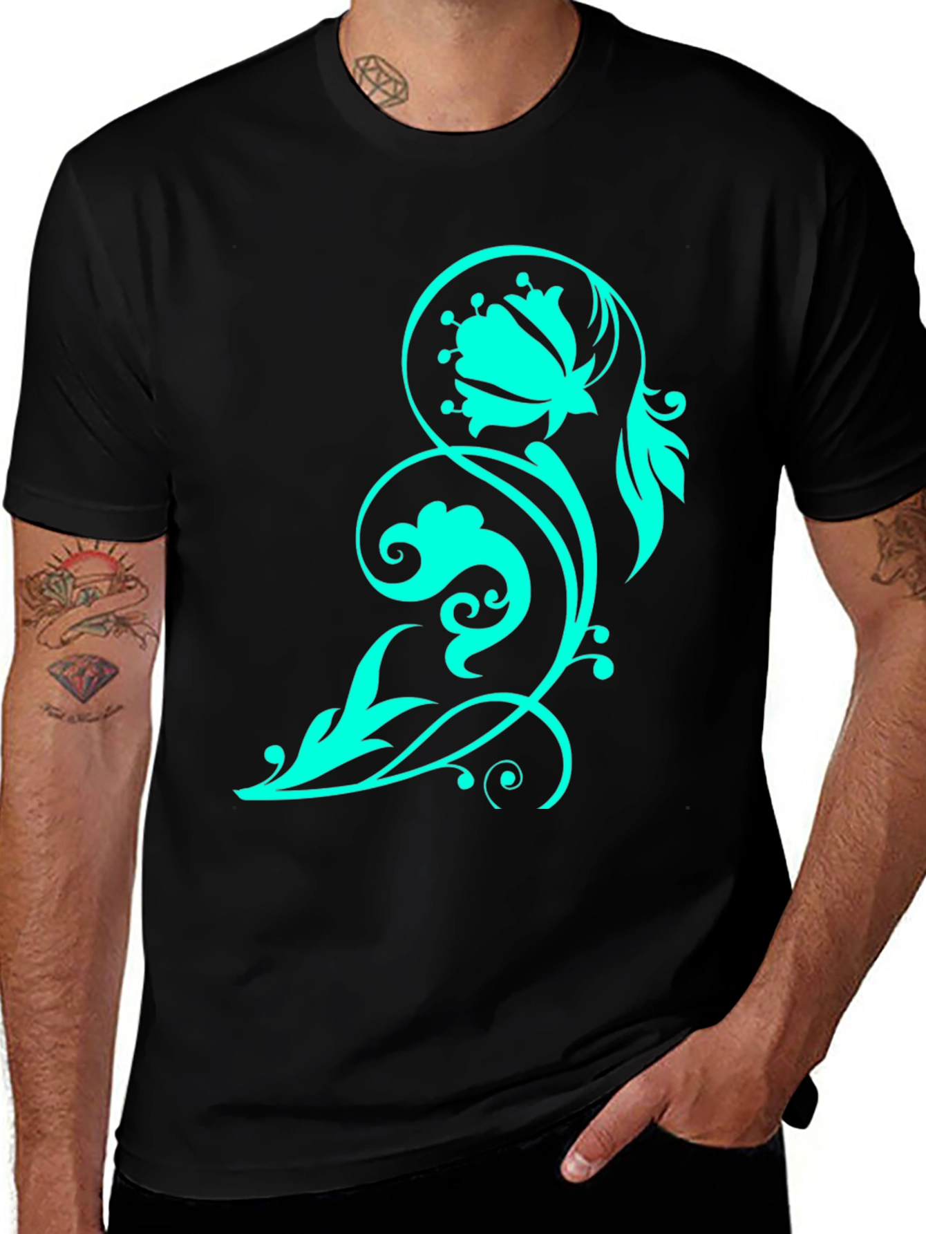 Variant 16 of Elegant Floral Print Black T-Shirt