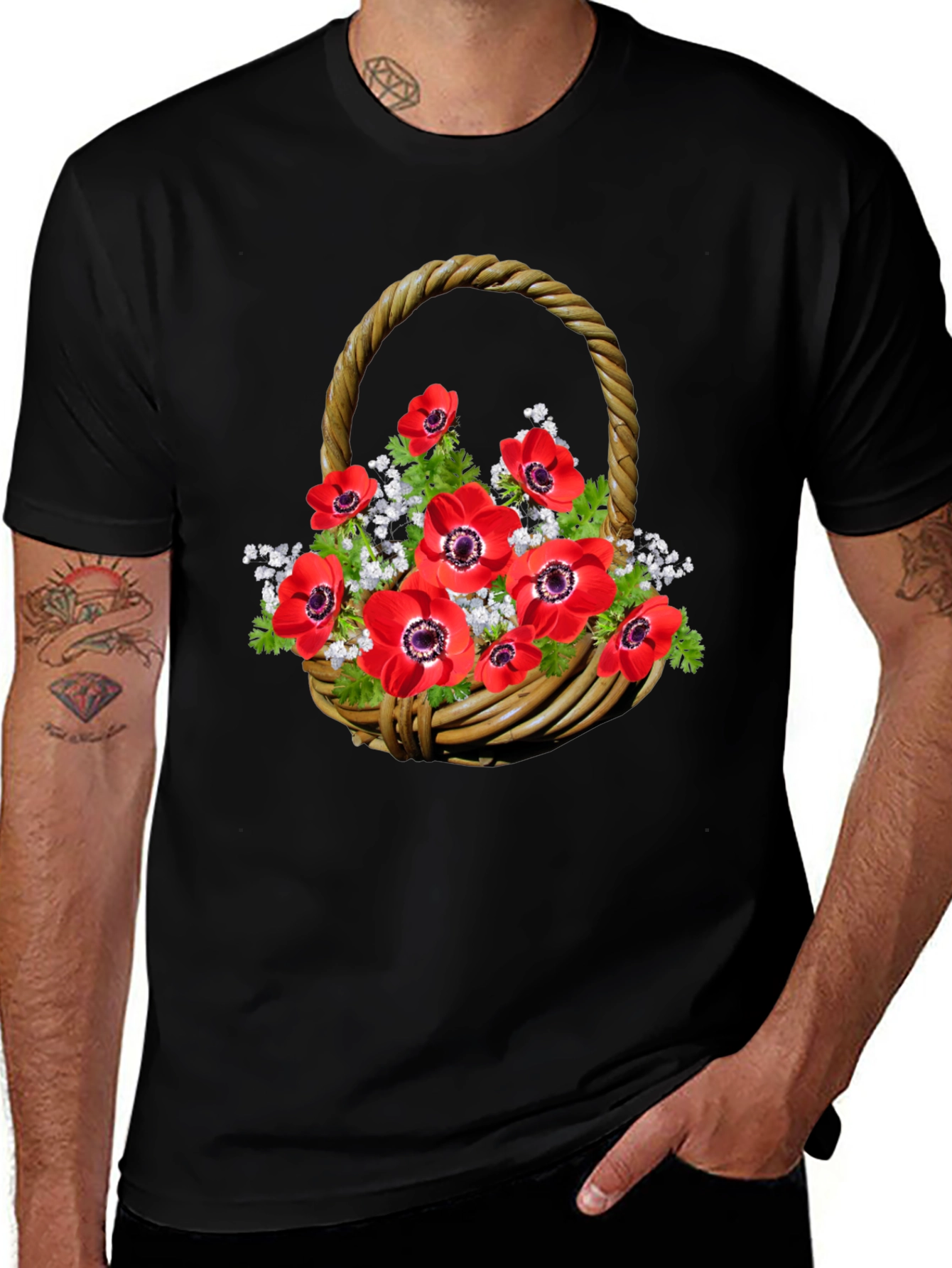 Floral Basket T-Shirt: Red Anemones on Black Cotton Tee