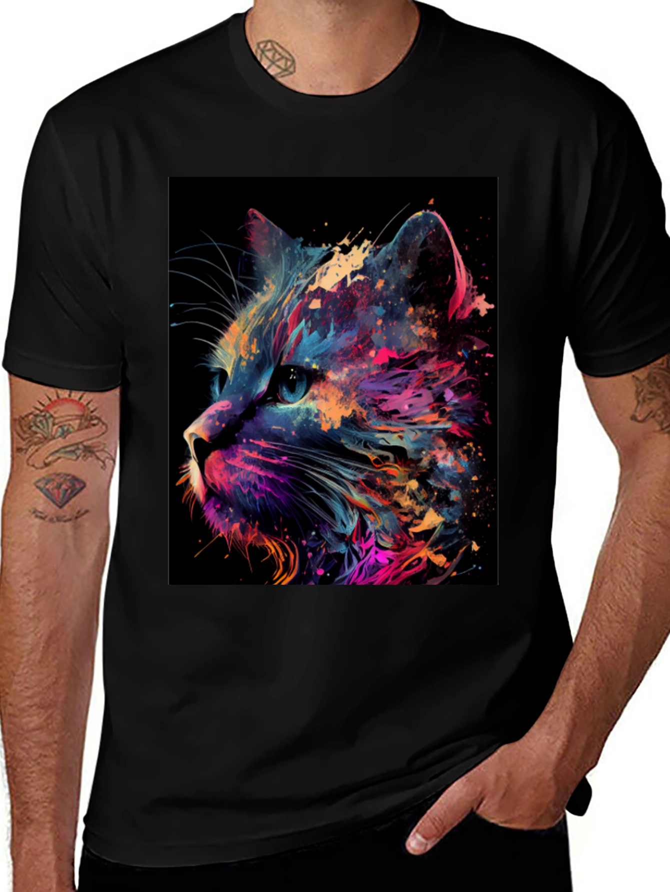 Variant 8 of Vibrant Cat Art Print Black T-Shirt