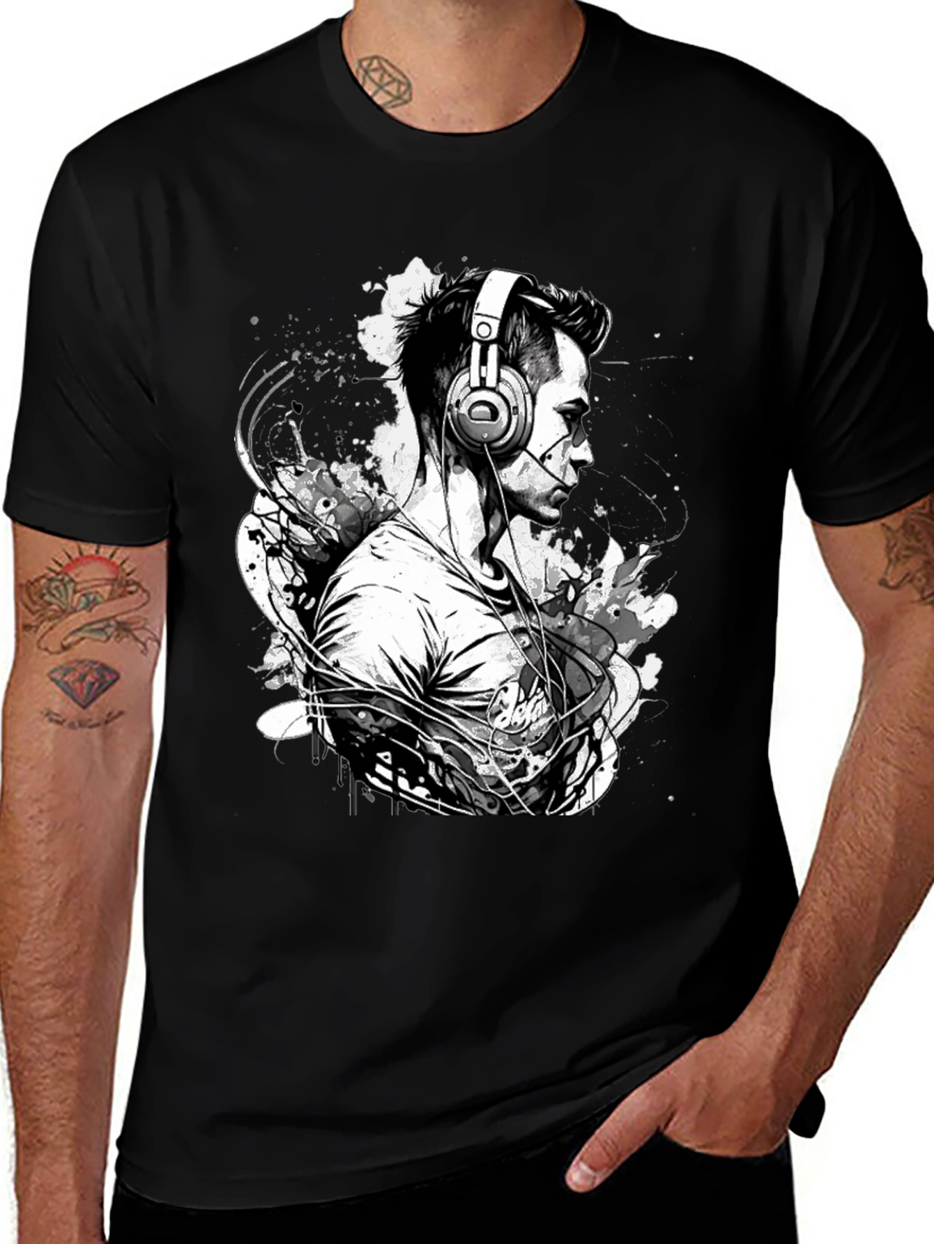 Variant 27 of Headphone Sketch Tee - Black Graphic T-Shirt